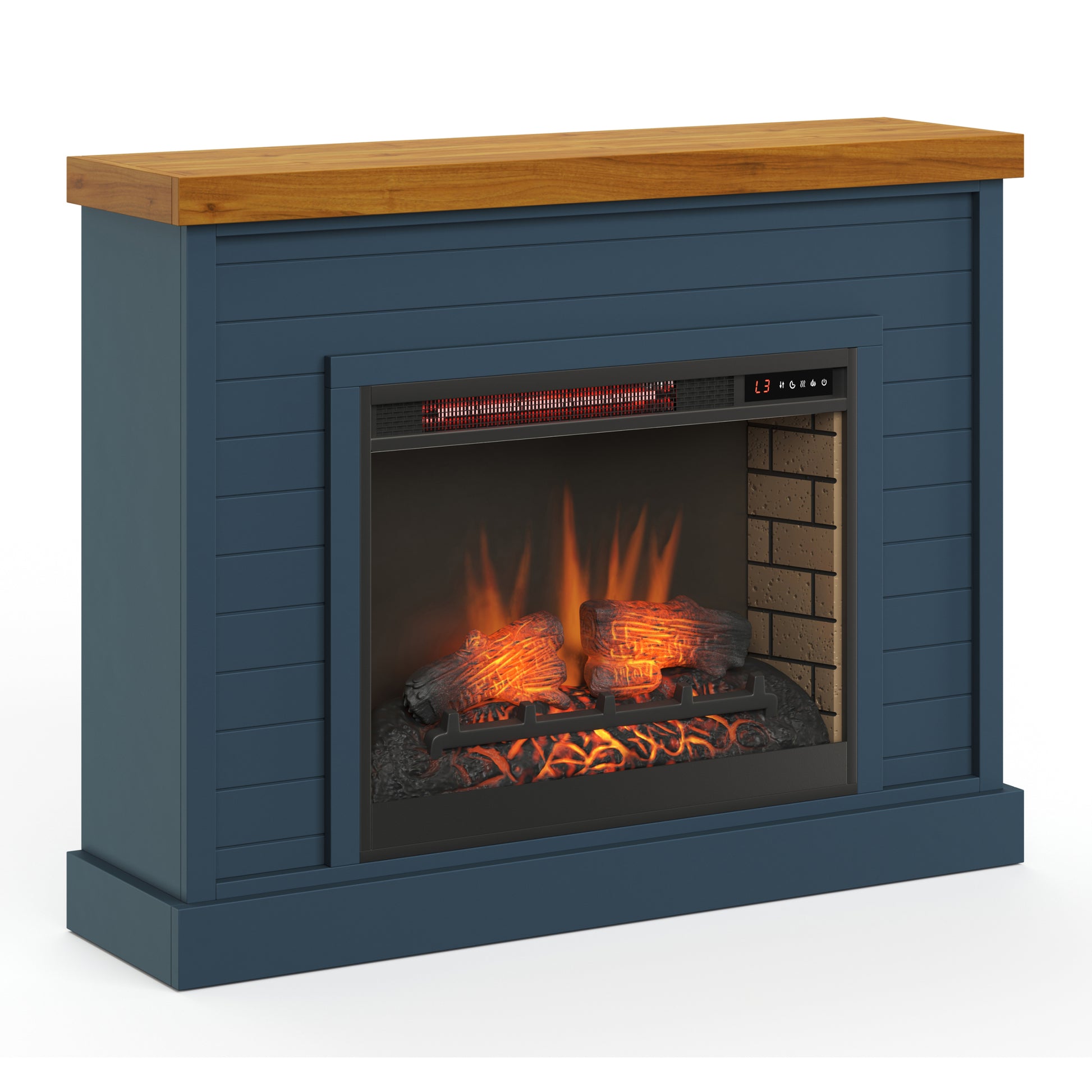 Washington 48 Inch Fireplace With Mantel, Blue Denim And Whiskey Finish Up To 40 Powder Coated Electric Blue 400 Coastal,Farmhouse,Nautical Yes Insert Solid Wood Electric