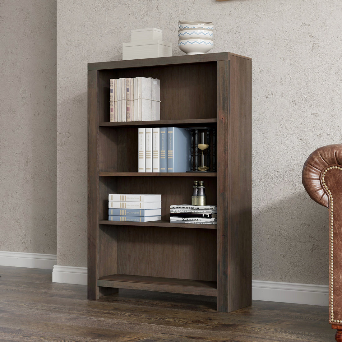 Joshua Creek 48 Inch High 4 Shelf Bookcase, No Assembly Required, Barnwood Finish 3 Brown Brown Office Closed Back Rustic,Transitional Alder Solid Wood