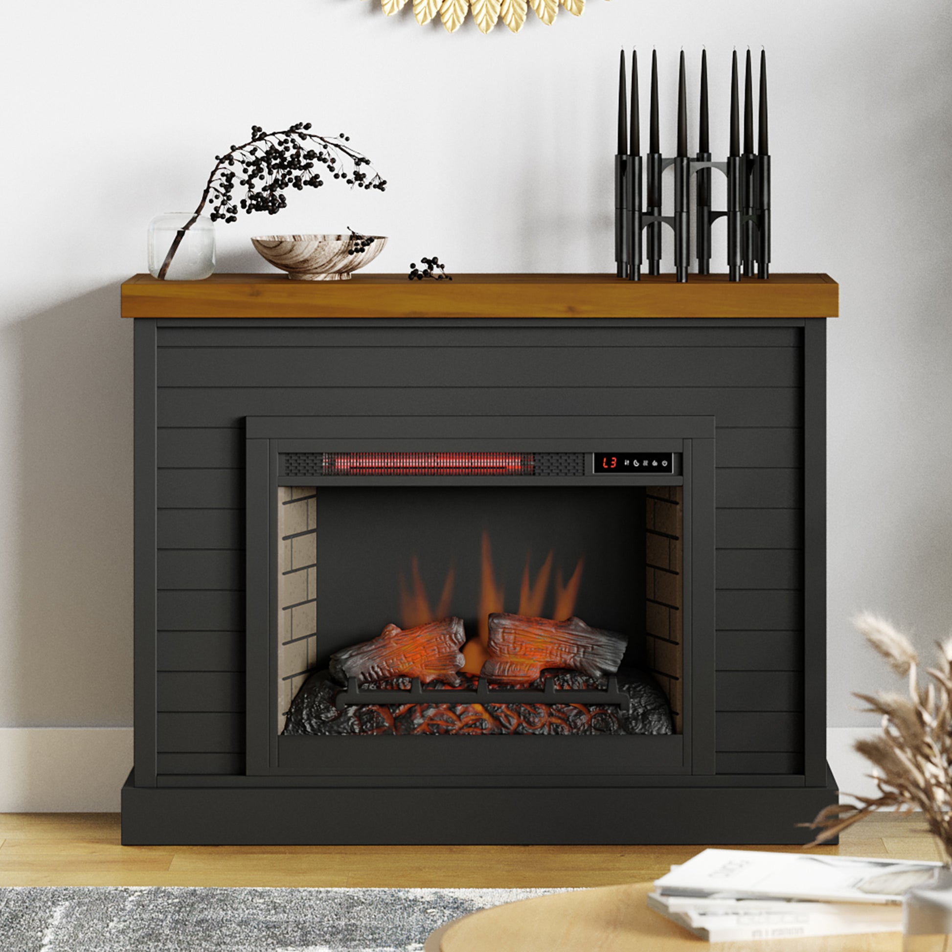 Washington 48 Inch Fireplace With Mantel, Black And Whiskey Finish Up To 40 Powder Coated Electric Black 400 Coastal,Farmhouse,Nautical Poplar Yes Insert Solid Wood Electric