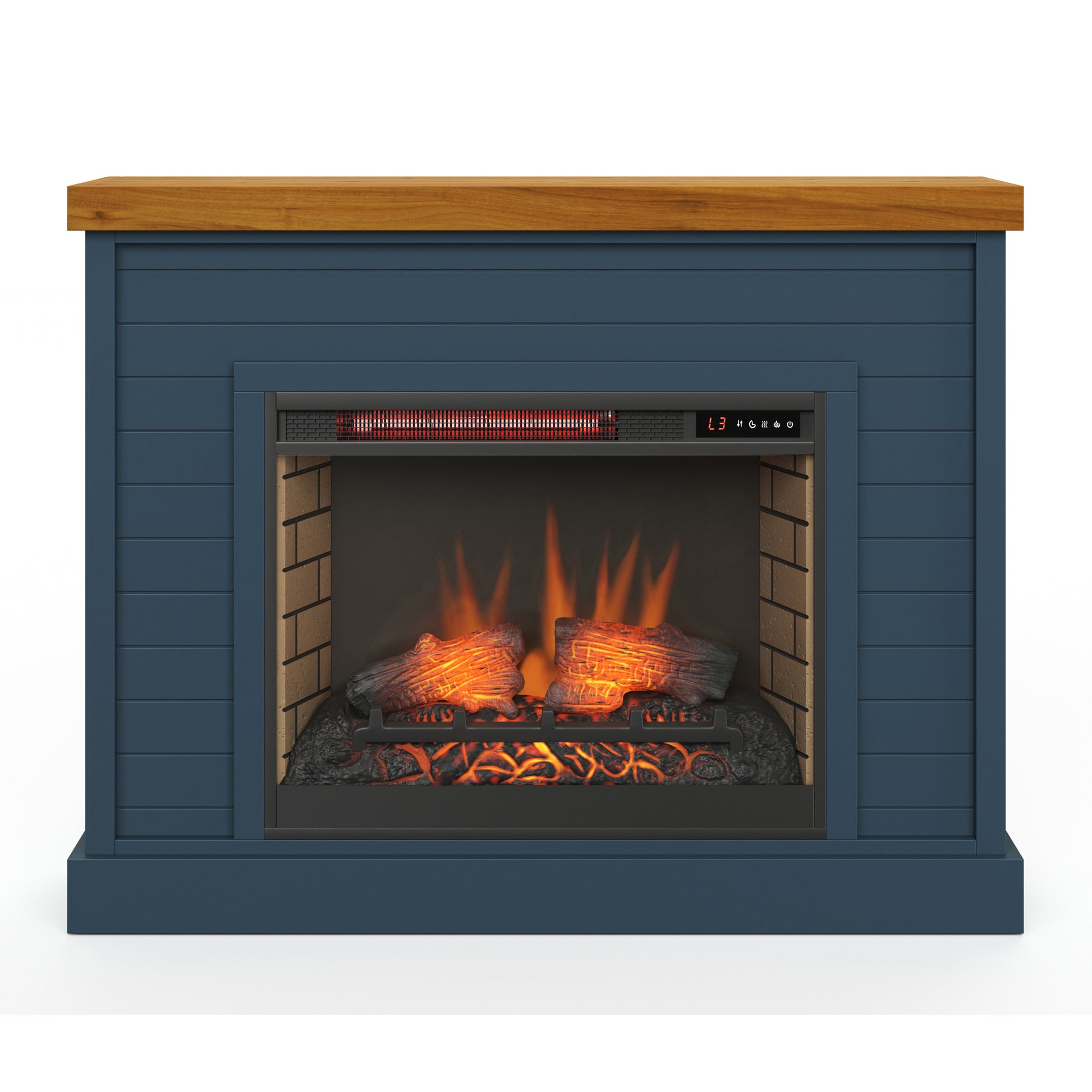 Washington 48 Inch Fireplace With Mantel, Blue Denim And Whiskey Finish Up To 40 Powder Coated Electric Blue 400 Coastal,Farmhouse,Nautical Yes Insert Solid Wood Electric