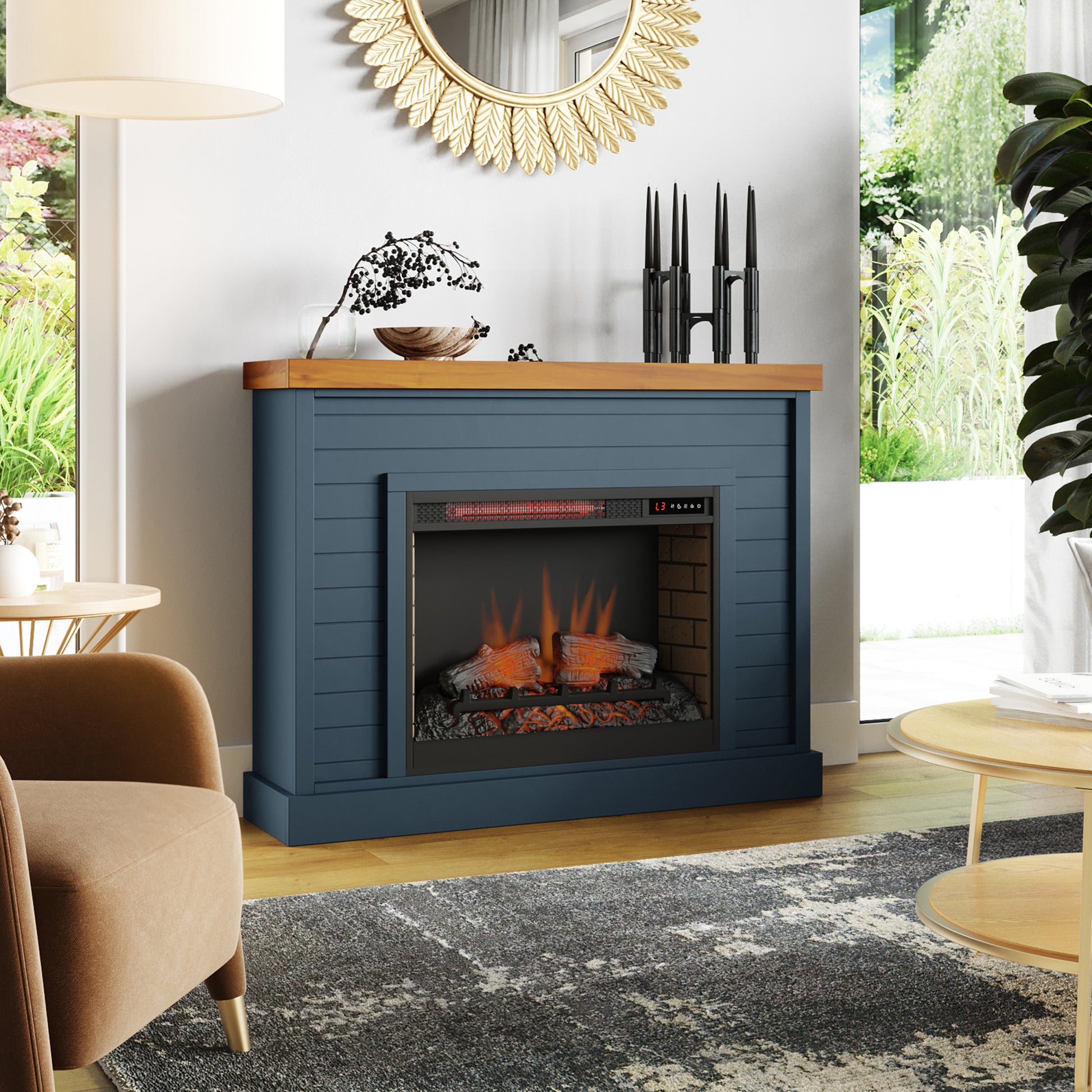 Washington 48 Inch Fireplace With Mantel, Blue Denim And Whiskey Finish Up To 40 Powder Coated Electric Blue 400 Coastal,Farmhouse,Nautical Yes Insert Solid Wood Electric