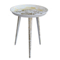 20 Inch Artisanal Industrial Round Tray Top Iron Side End Table, Tripod Base, Distressed White, Gold Golden White Iron