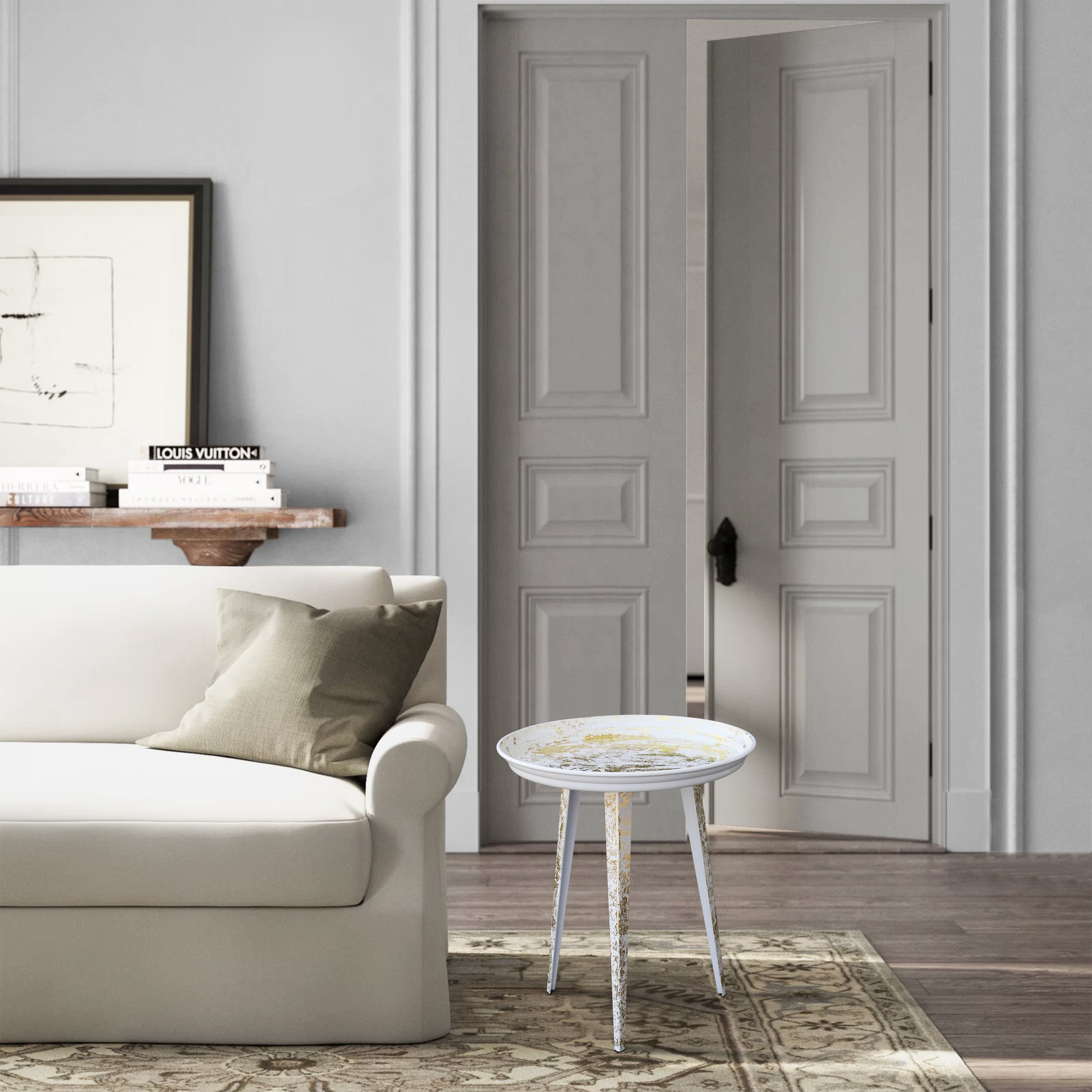 20 Inch Artisanal Industrial Round Tray Top Iron Side End Table, Tripod Base, Distressed White, Gold Golden White Iron