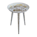 20 Inch Artisanal Industrial Round Tray Top Iron Side End Table, Tripod Base, Distressed White, Gold Golden White Iron