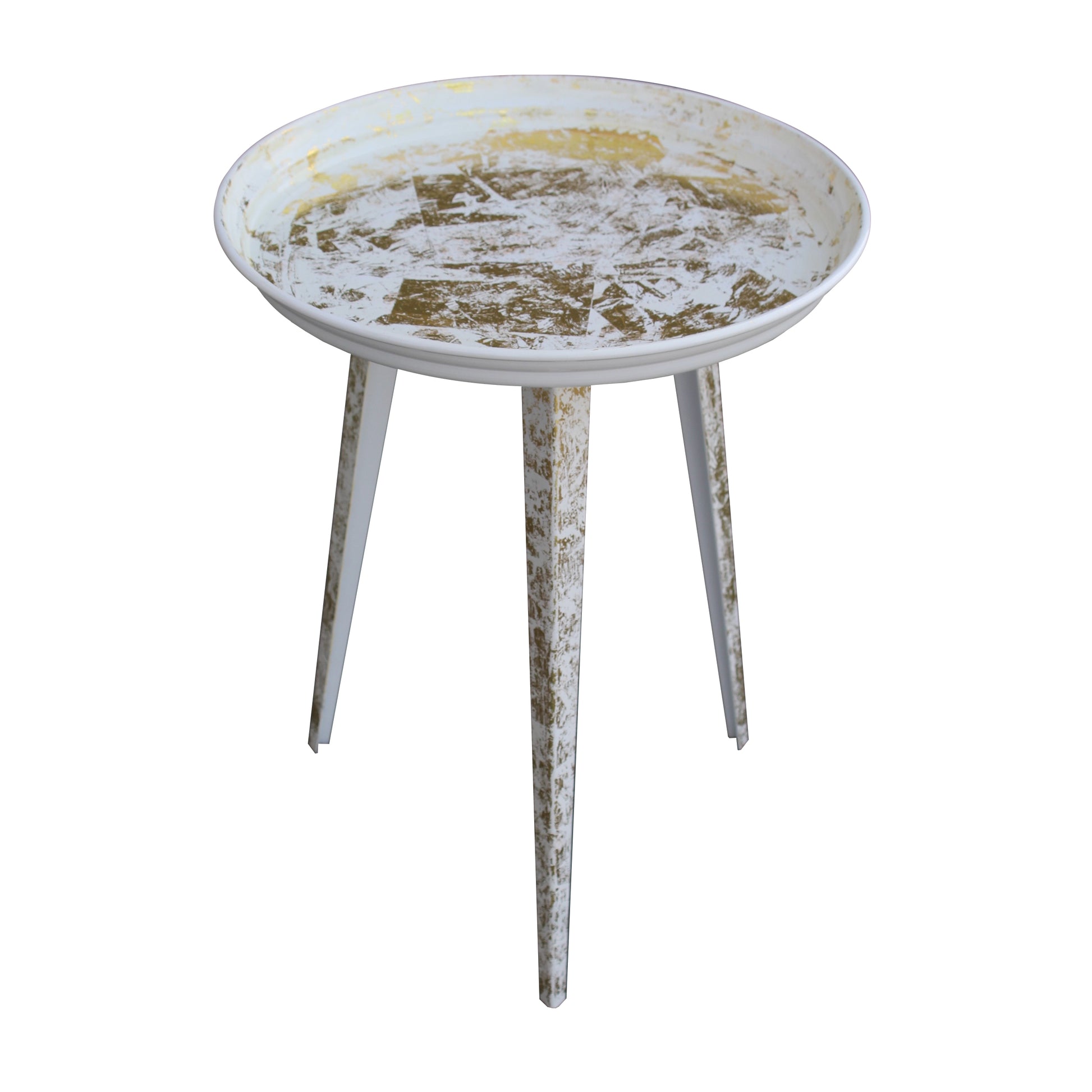 20 Inch Artisanal Industrial Round Tray Top Iron Side End Table, Tripod Base, Distressed White, Gold Golden White Iron