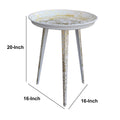 20 Inch Artisanal Industrial Round Tray Top Iron Side End Table, Tripod Base, Distressed White, Gold Golden White Iron