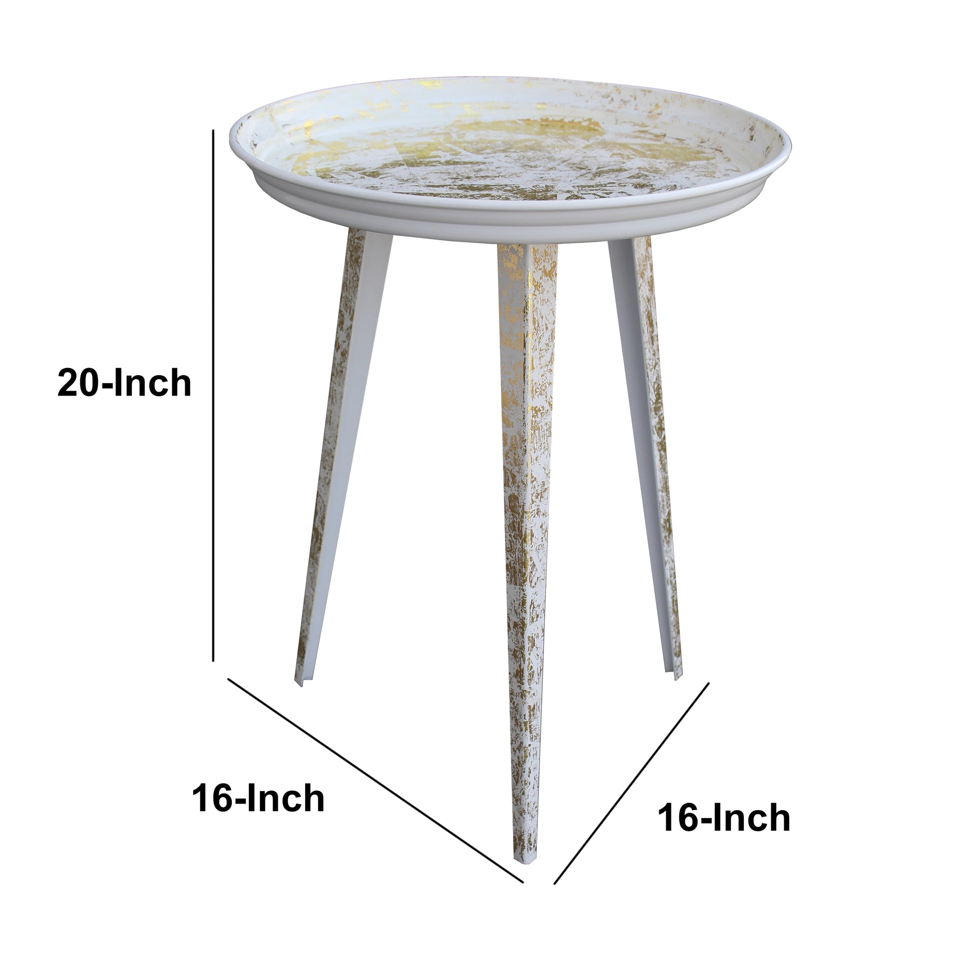 20 Inch Artisanal Industrial Round Tray Top Iron Side End Table, Tripod Base, Distressed White, Gold Golden White Iron
