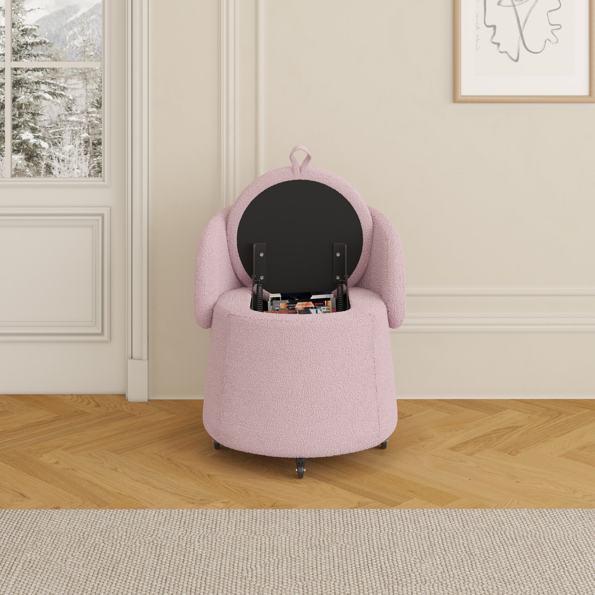 Multi Functional Stool 23 Inches Movable Storage, Pink Teddy Fleece Everywhere In The Bedroom And Living Room Pink Teddy Polyester Blend