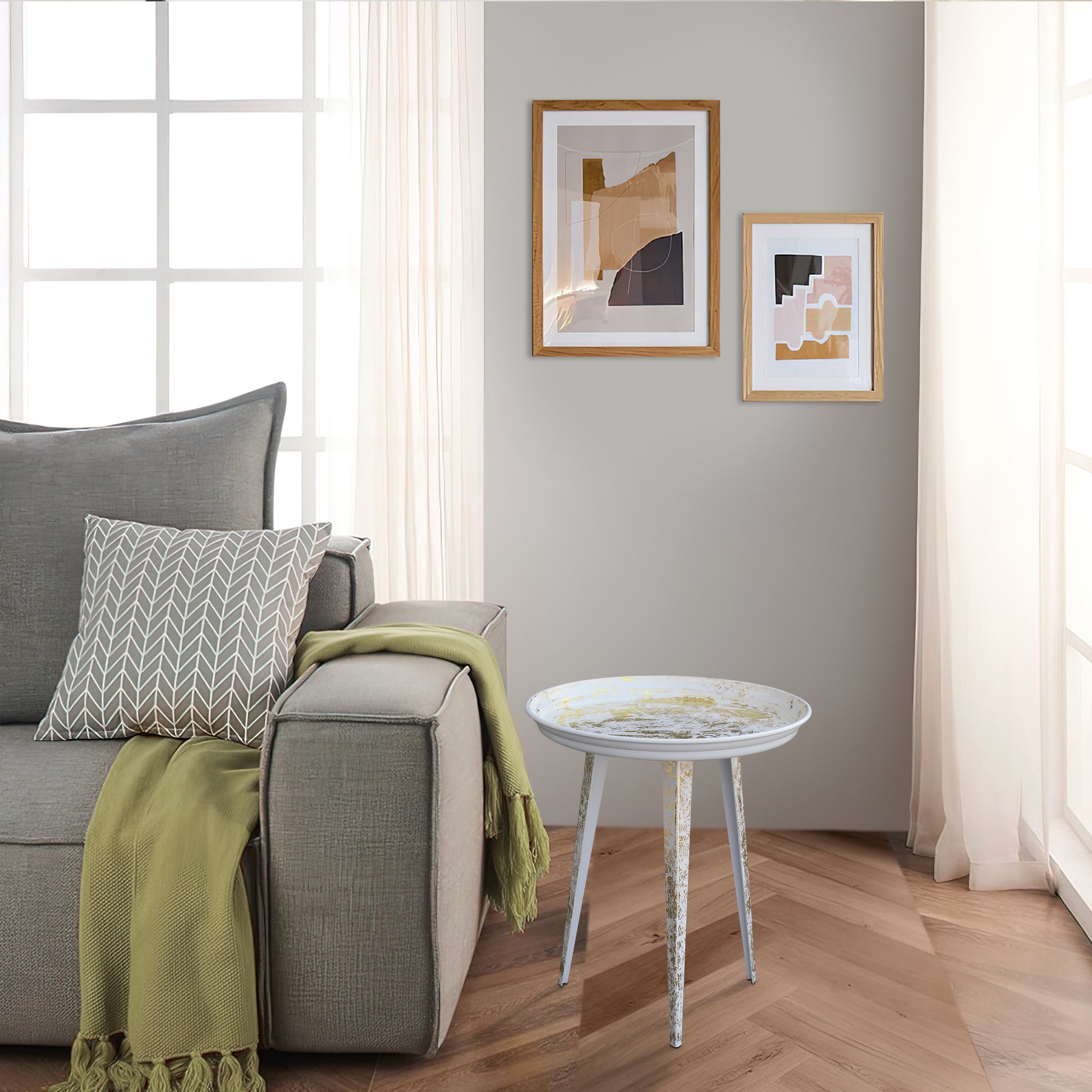 20 Inch Artisanal Industrial Round Tray Top Iron Side End Table, Tripod Base, Distressed White, Gold Golden White Iron