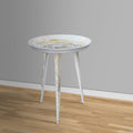 20 Inch Artisanal Industrial Round Tray Top Iron Side End Table, Tripod Base, Distressed White, Gold Golden White Iron