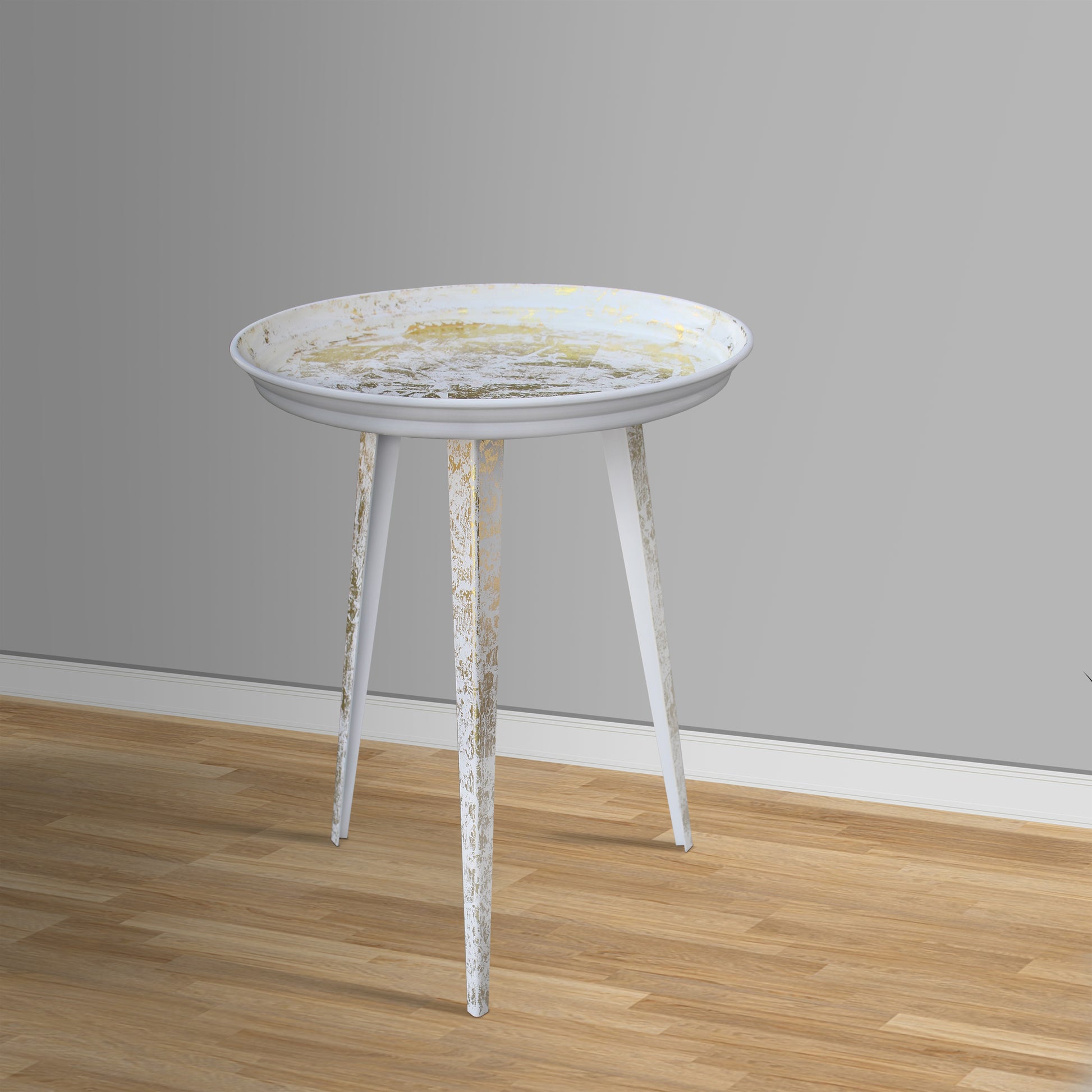 20 Inch Artisanal Industrial Round Tray Top Iron Side End Table, Tripod Base, Distressed White, Gold Golden White Iron
