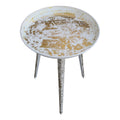 20 Inch Artisanal Industrial Round Tray Top Iron Side End Table, Tripod Base, Distressed White, Gold Golden White Iron