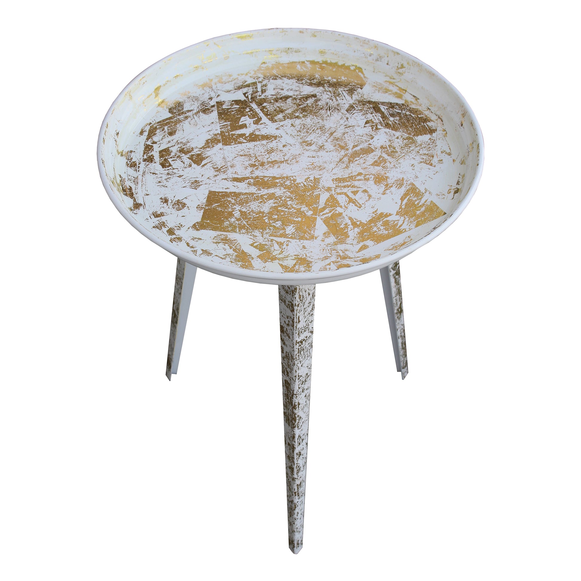 20 Inch Artisanal Industrial Round Tray Top Iron Side End Table, Tripod Base, Distressed White, Gold Golden White Iron