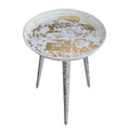 20 Inch Artisanal Industrial Round Tray Top Iron Side End Table, Tripod Base, Distressed White, Gold Golden White Iron