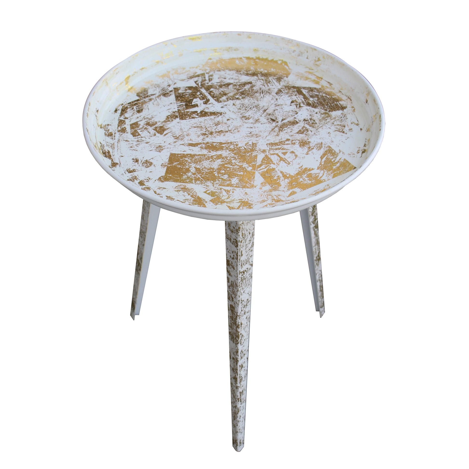 20 Inch Artisanal Industrial Round Tray Top Iron Side End Table, Tripod Base, Distressed White, Gold Golden White Iron