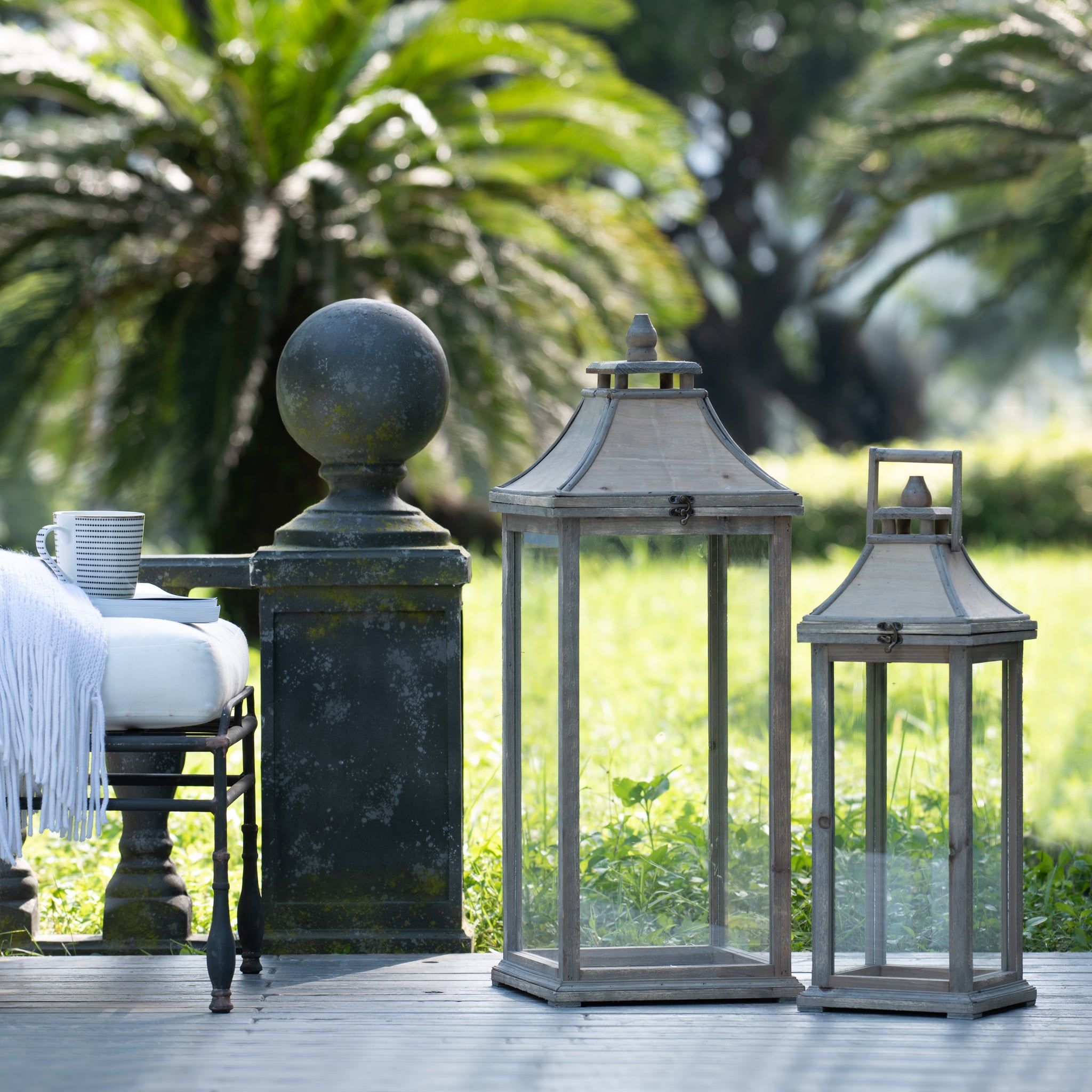 Wooden Candle Lantern Decorative, Hurricane Lantern Holder Decor For Indoor Outdoor, Home Garden Wedding Ivory Mdf Glass