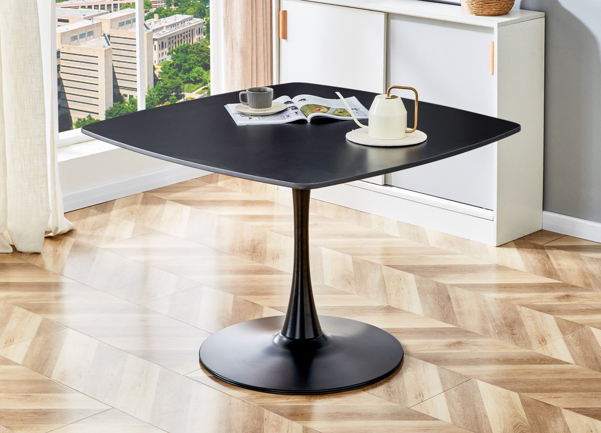 42.1"Black Table Mid Century Dining Table For 4 6 People With Round Mdf Table Top, Pedestal Dining Table, End Table Leisure Coffee Table Matte Black Kitchen & Dining Tables Mdf
