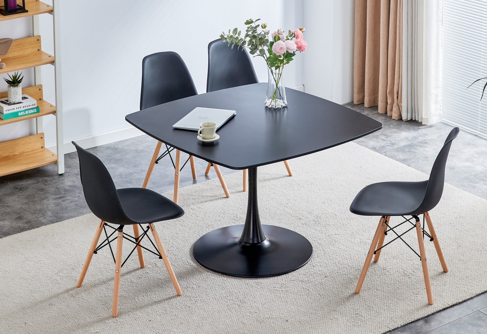 42.1"Black Table Mid Century Dining Table For 4 6 People With Round Mdf Table Top, Pedestal Dining Table, End Table Leisure Coffee Table Matte Black Kitchen & Dining Tables Mdf