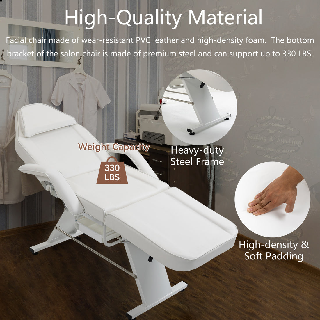 Massage Salon Tattoo Chair With Two Trays Esthetician Bed With Hydraulic Stool,Multi Purpose 3 Section Facial Bed Table, Adjustable Beauty Barber Spa Beauty Equipment, White White Pu