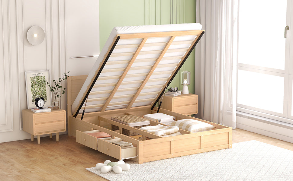 Queen Size Wood Platform Bed With Underneath Storage And 2 Drawers, Wood Color Box Spring Not Required Queen Natural Wood Bedroom Bed Frame Solid Wood Mdf