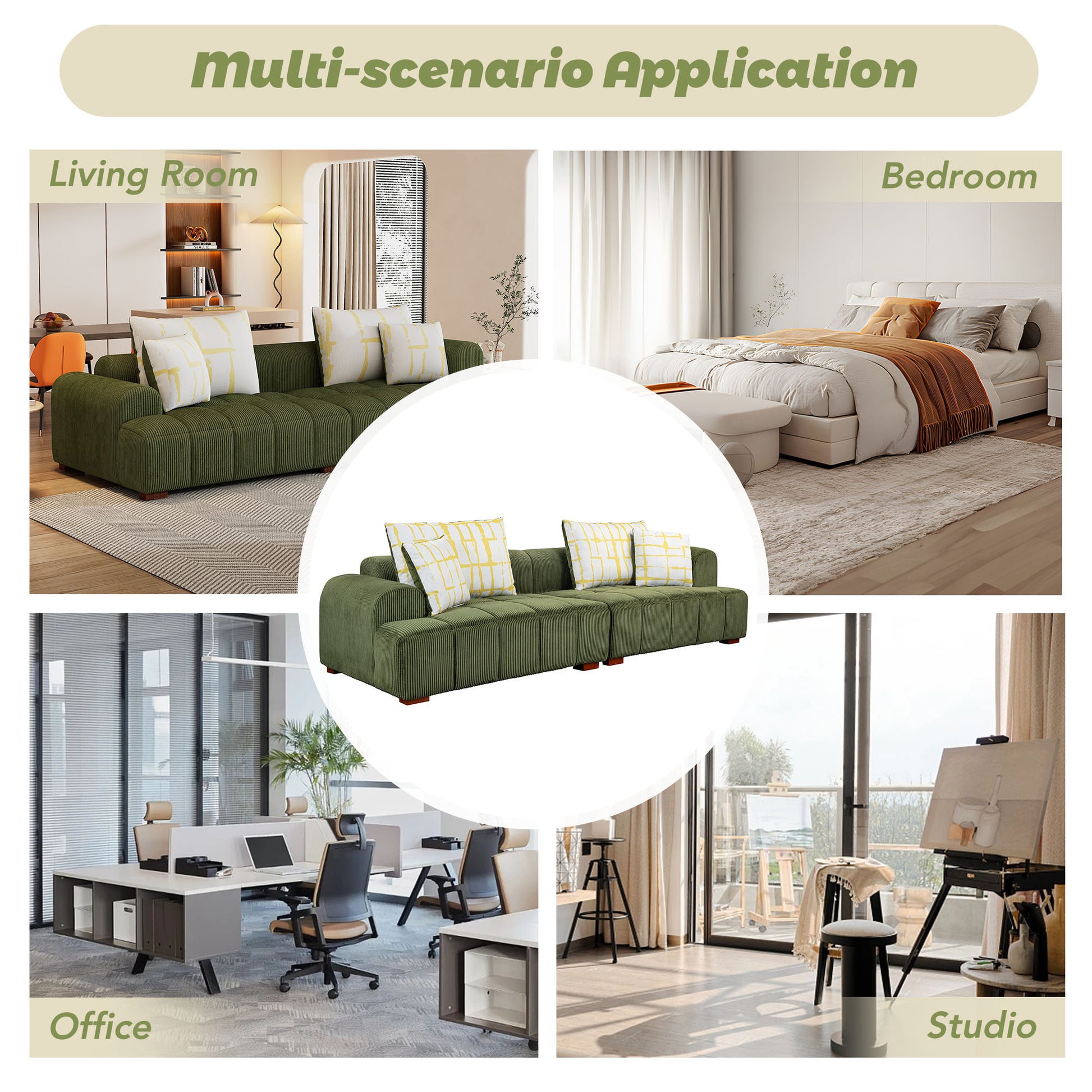 103.9" Modern Couch Corduroy Fabric Comfy Sofa With Rubber Wood Legs, 4 Pillows For Living Room, Bedroom, Office, Green Green Corduroy 2 Seat