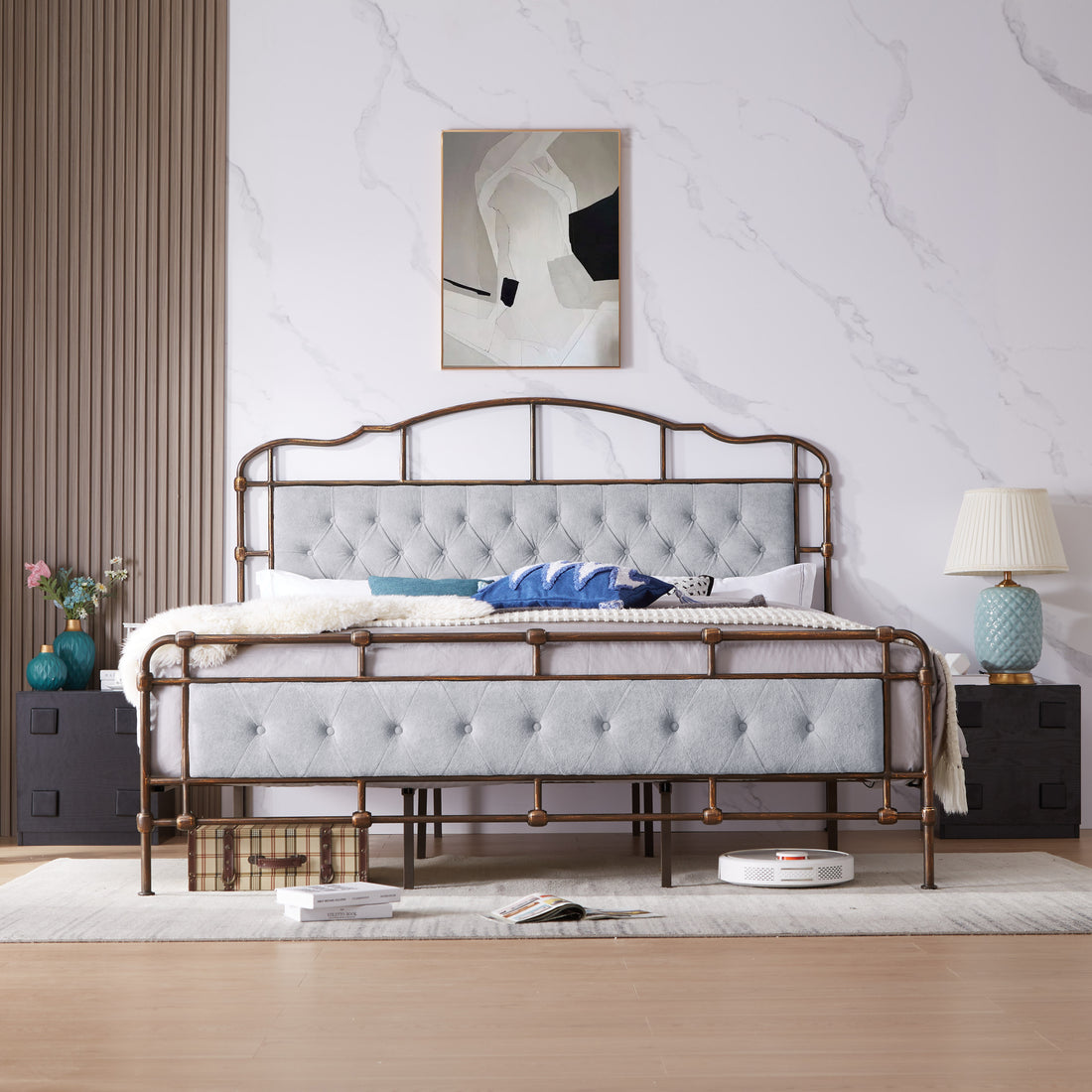 King Size High Boad Metal Bed With Soft Head And Tail, No Spring, Easy To Assemble, No Noise Box Spring Not Required King Grey Metal Bedroom Bed Frame Foam Velvet Metal