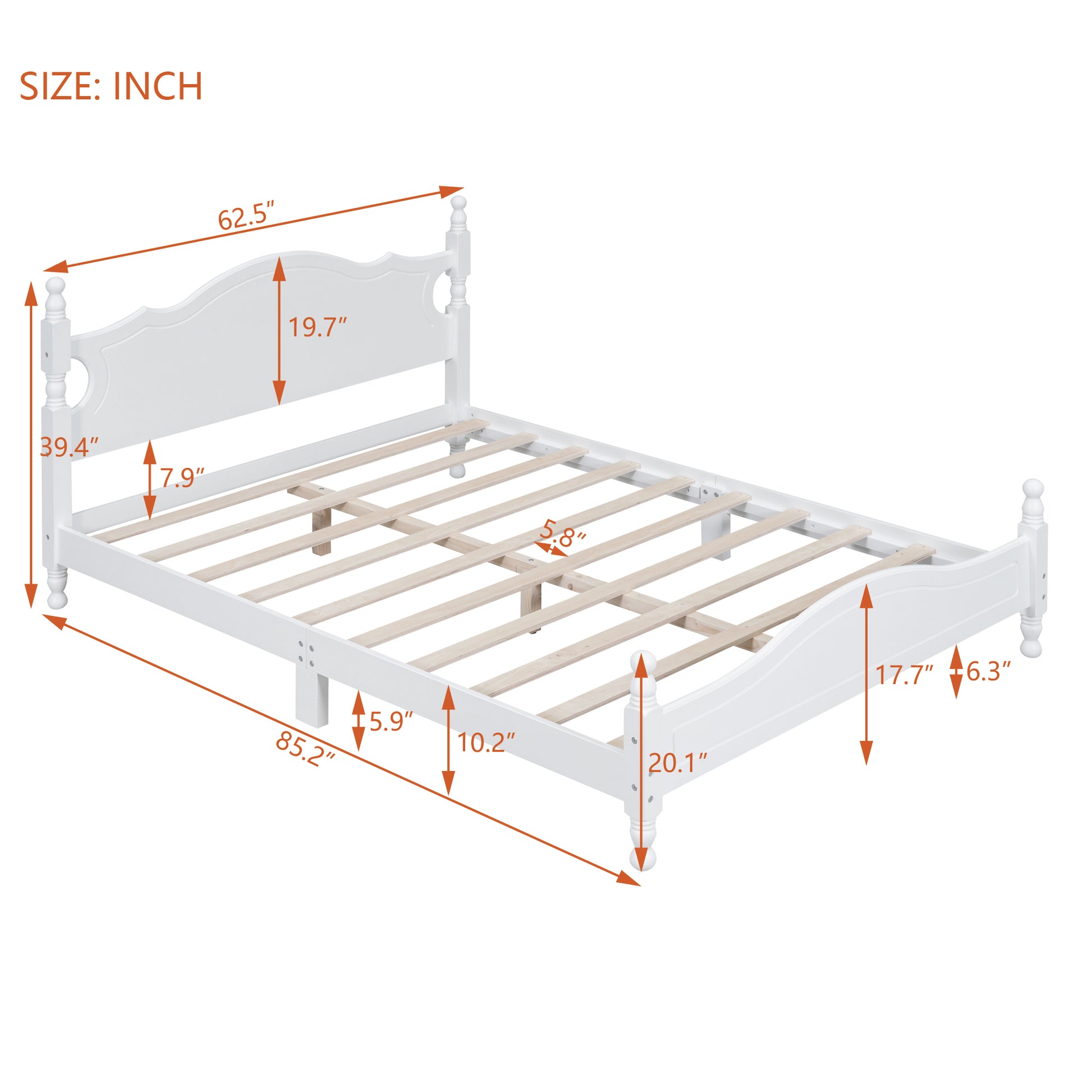 Queen Size Wood Platform Bed Frame,Retro Style Platform Bed With Wooden Slat Support,White White Wood