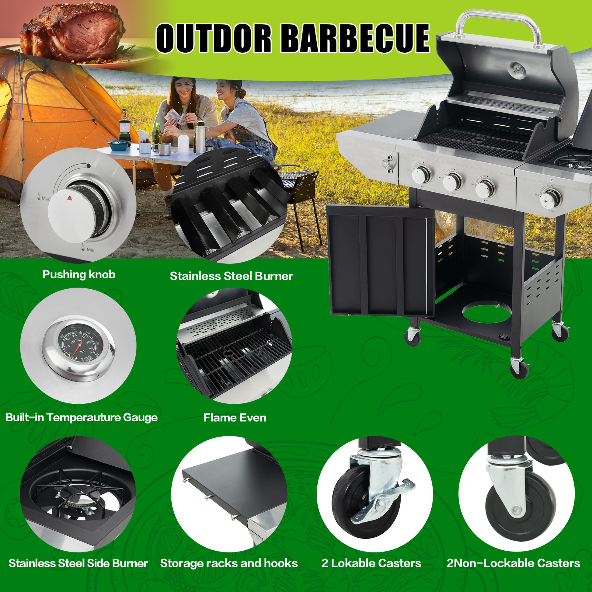 Propane Grill 3 Burner Barbecue Grill Stainless Steel Gas Grill With Side Burner, 37,000 Btu Outdoor Cooking, Patio, Garden Barbecue Grill, Black And Silver Silver Stainless Steel