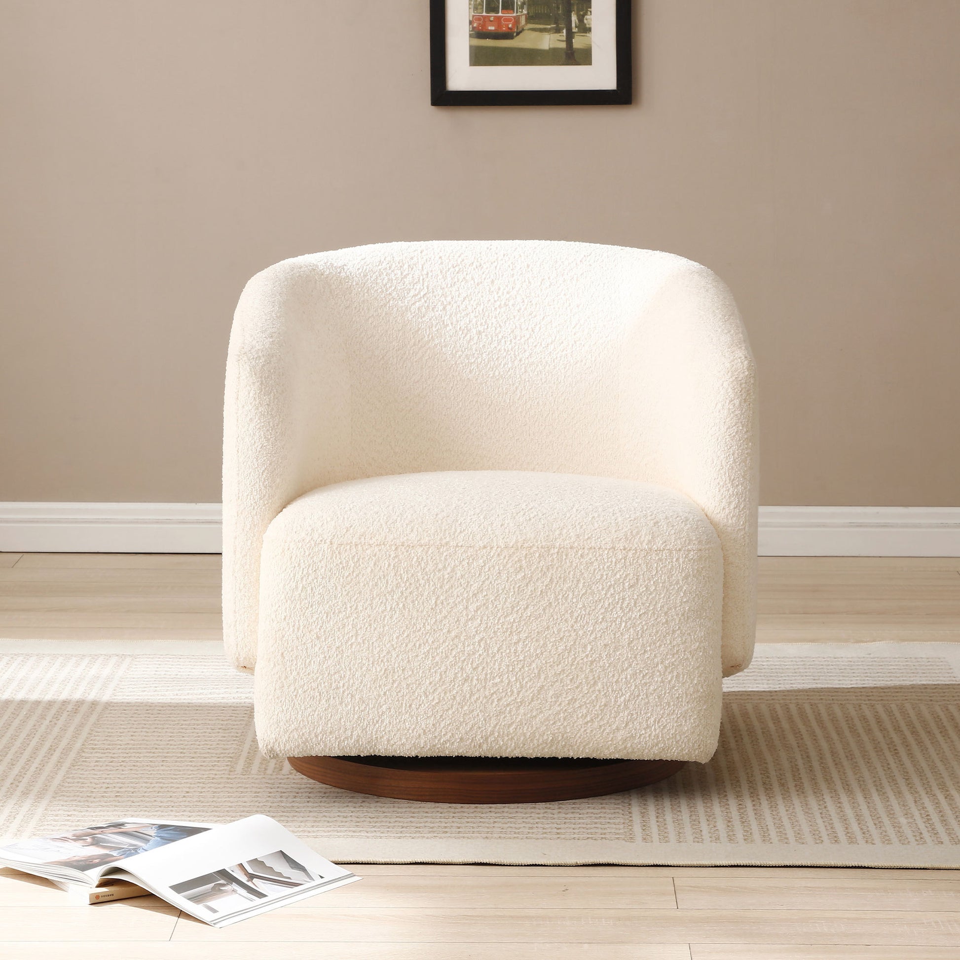 Swivel Accent Chair Armchair Round Barrel Chair For Living Room Bedroom Beige Boucle