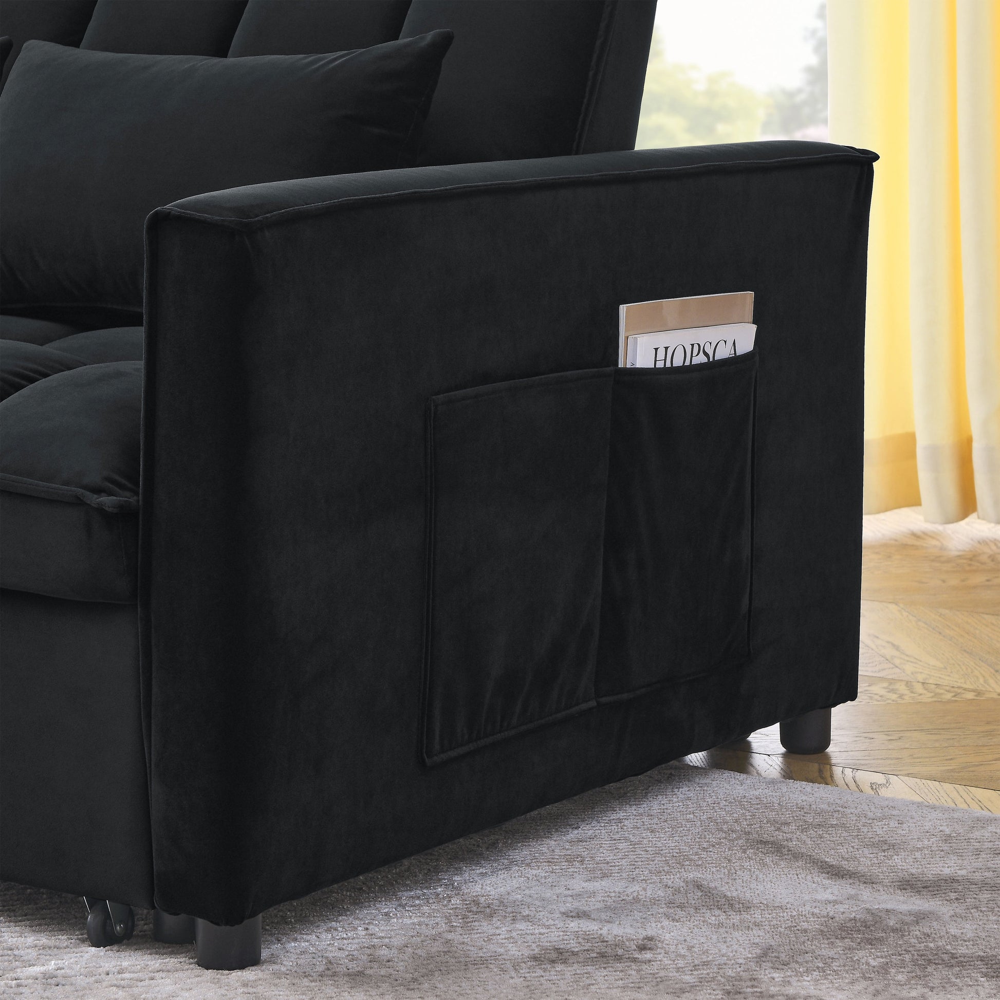 Sleeper Sofa, Convertible Sofa, Recliner, Bed, 3 In 1, 3 Position Adjustable Backrest, 2 Seater Sectional, Two Side Pockets, 2 Pillows For Living Room, Apartment, Etc., Velvet Black 54" Wide. Black Foam Velvet