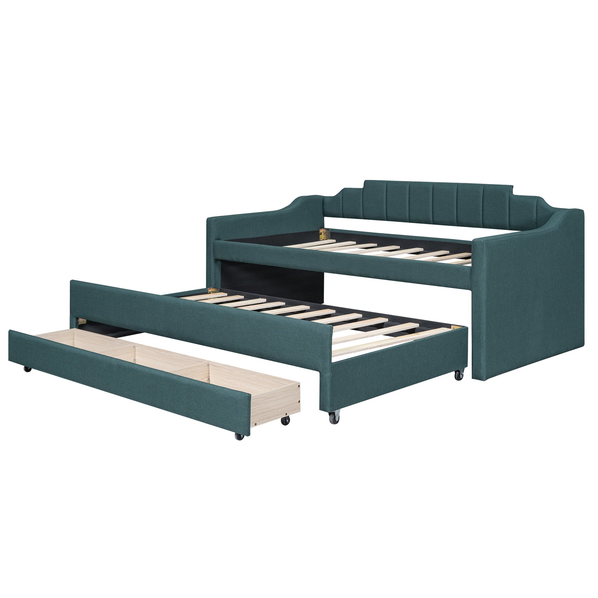Twin Size Upholstered Daybed With Trundle And Three Drawers,Green Twin Green Linen