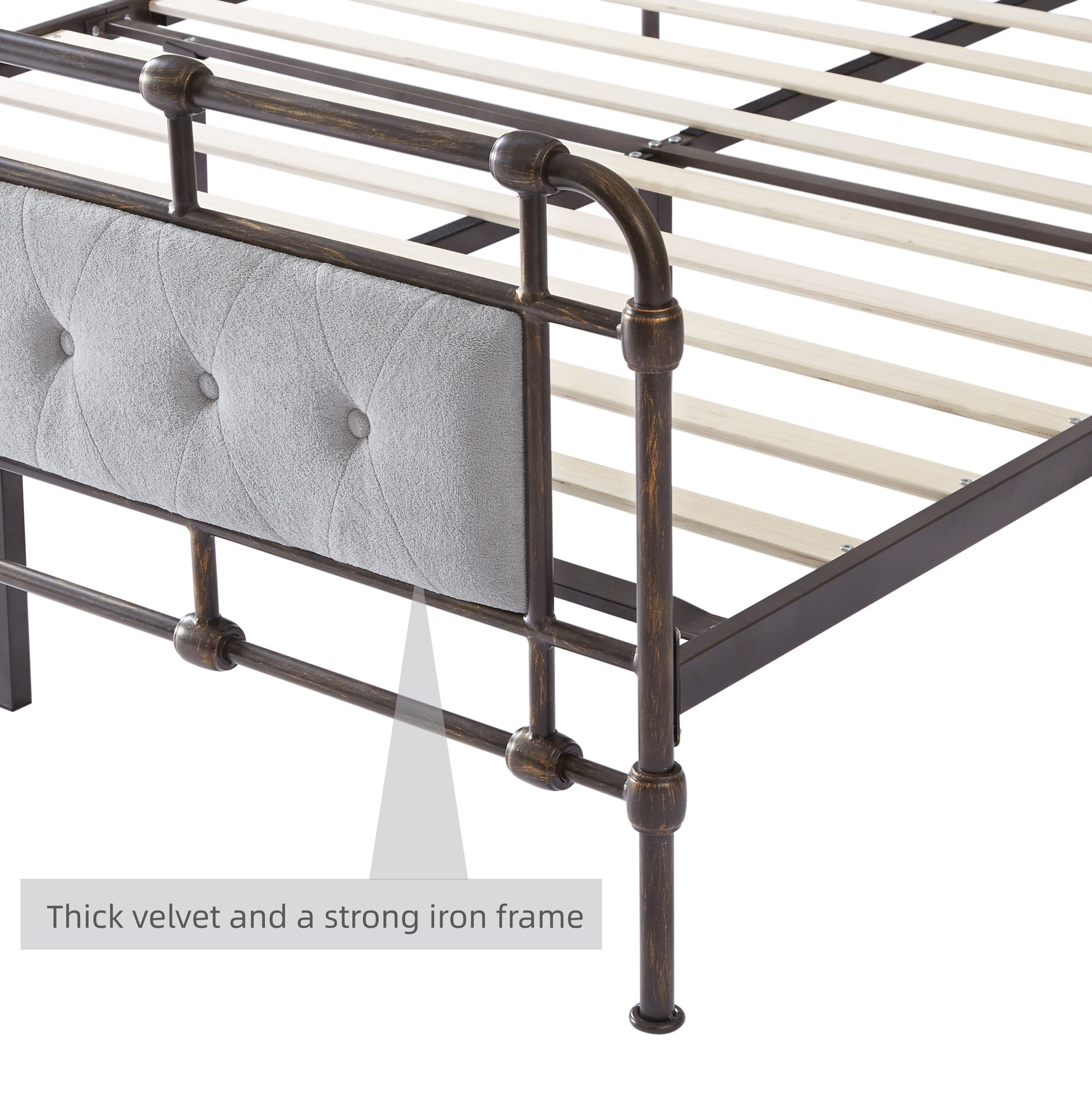 Queen Size High Boad Metal Bed With Soft Head And Tail, No Spring, Easy To Assemble, No Noise Box Spring Not Required Queen Grey Metal Bedroom Bed Frame Foam Velvet Metal