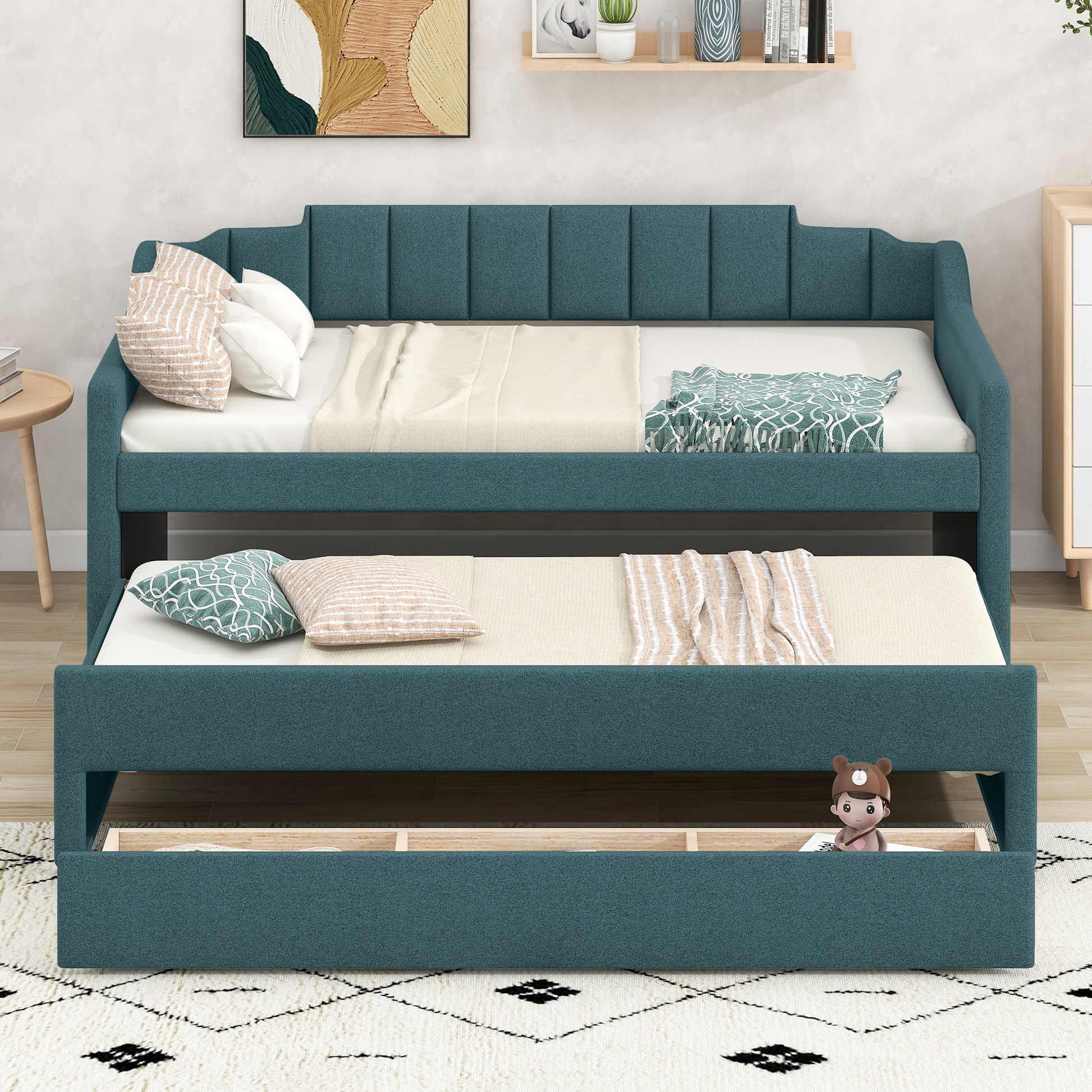 Twin Size Upholstered Daybed With Trundle And Three Drawers,Green Twin Green Linen