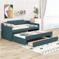 Twin Size Upholstered Daybed With Trundle And Three Drawers,Green Twin Green Linen