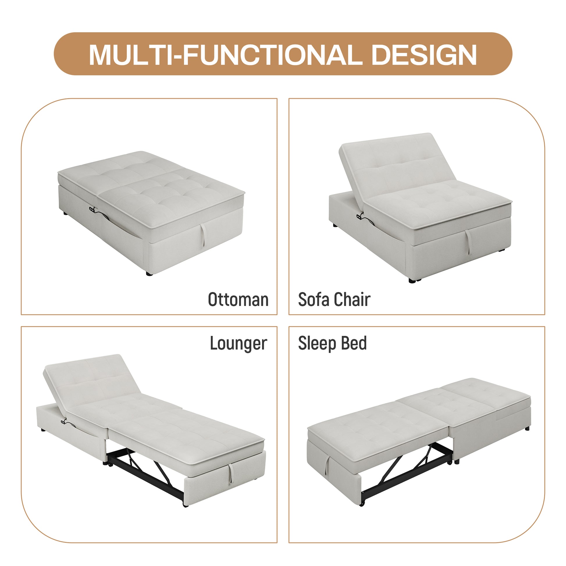 4 In 1 Sofa Bed, Chair Bed, Multi Function Folding Ottoman Bed With Storage Pocket And Usb Port For Small Room Apartment,Living Room,Bedroom,Hallway,White White Primary Living Space Linen