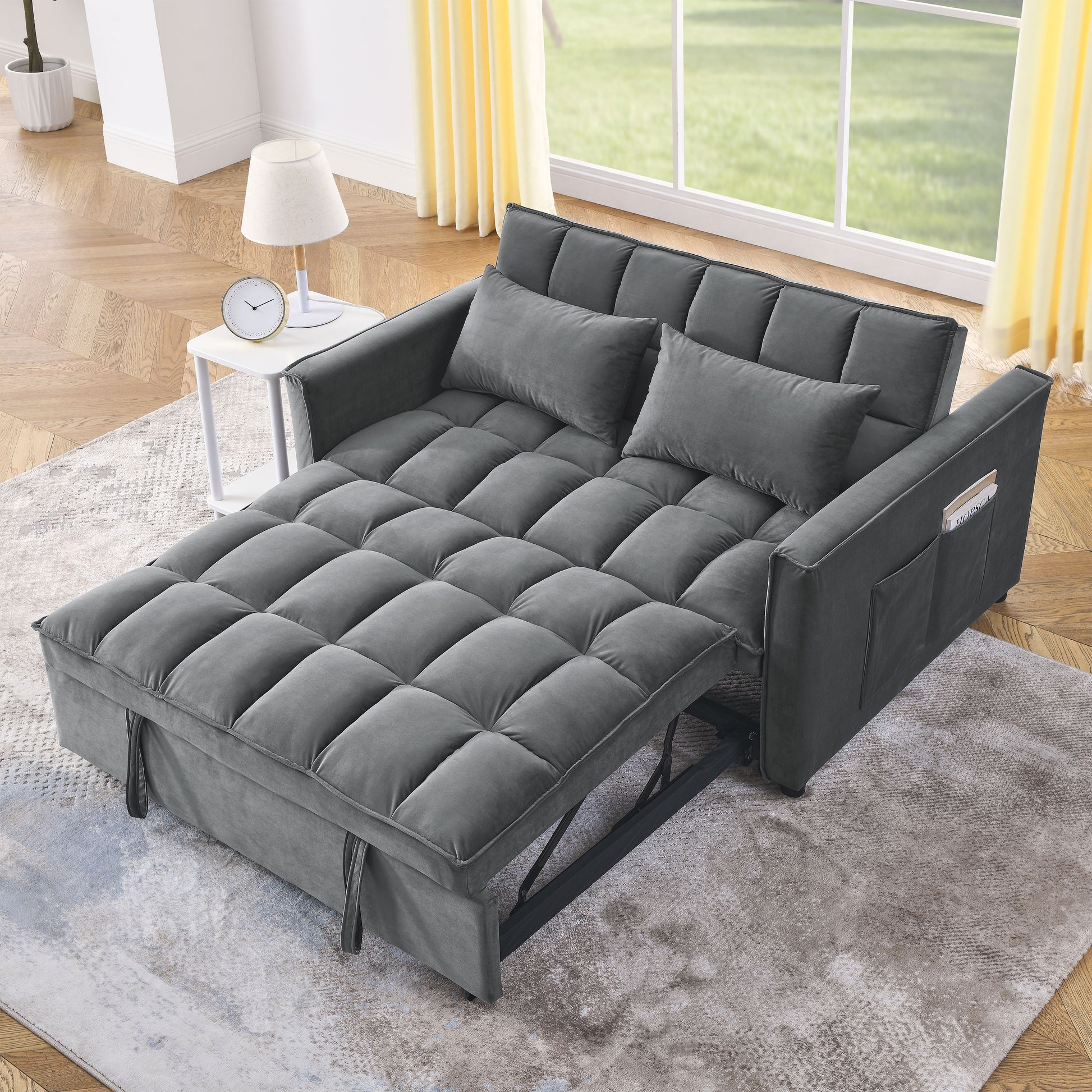 Sleeper Sofa, Convertible Sofa, Recliner, Bed, 3 In 1, 3 Position Adjustable Backrest, 2 Seater Sectional, Two Side Pockets, 2 Pillows For Living Room, Apartment, Etc., Velvet Beige 54" Wide. Grey Foam Velvet
