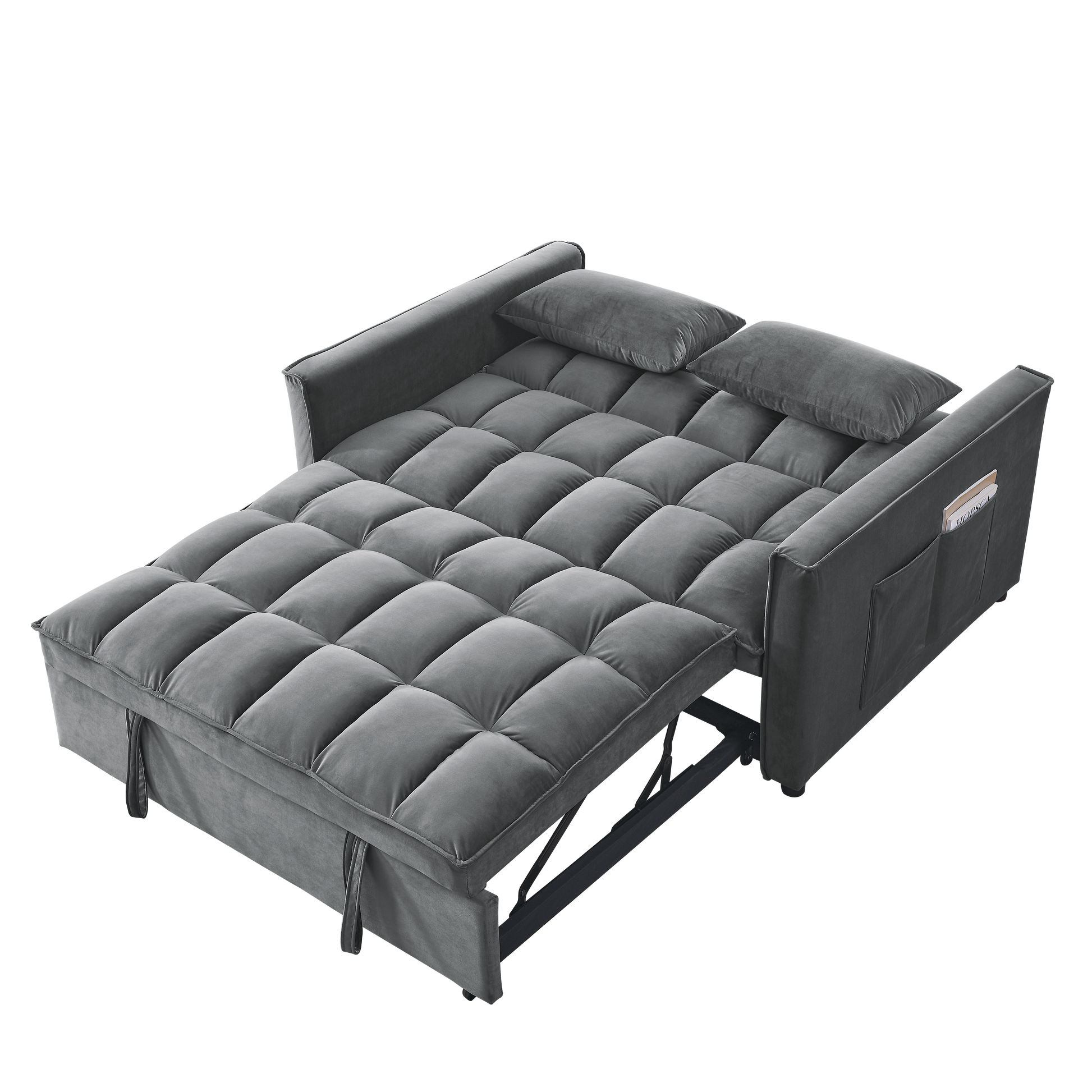 Sleeper Sofa, Convertible Sofa, Recliner, Bed, 3 In 1, 3 Position Adjustable Backrest, 2 Seater Sectional, Two Side Pockets, 2 Pillows For Living Room, Apartment, Etc., Velvet Beige 54" Wide. Grey Foam Velvet