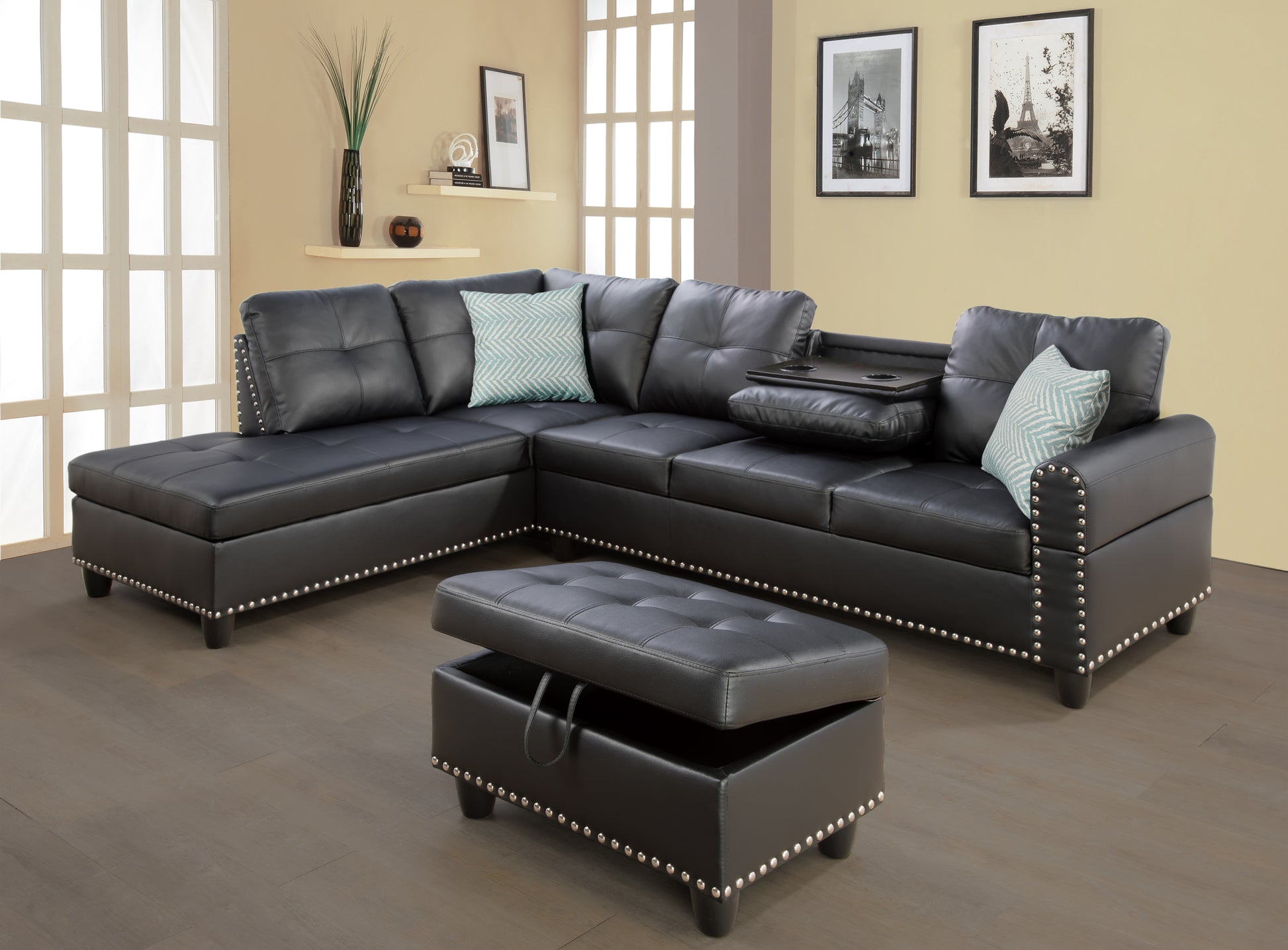 Irine Faux Leather Sectional Sofa With Ottoman Black Foam Faux Leather