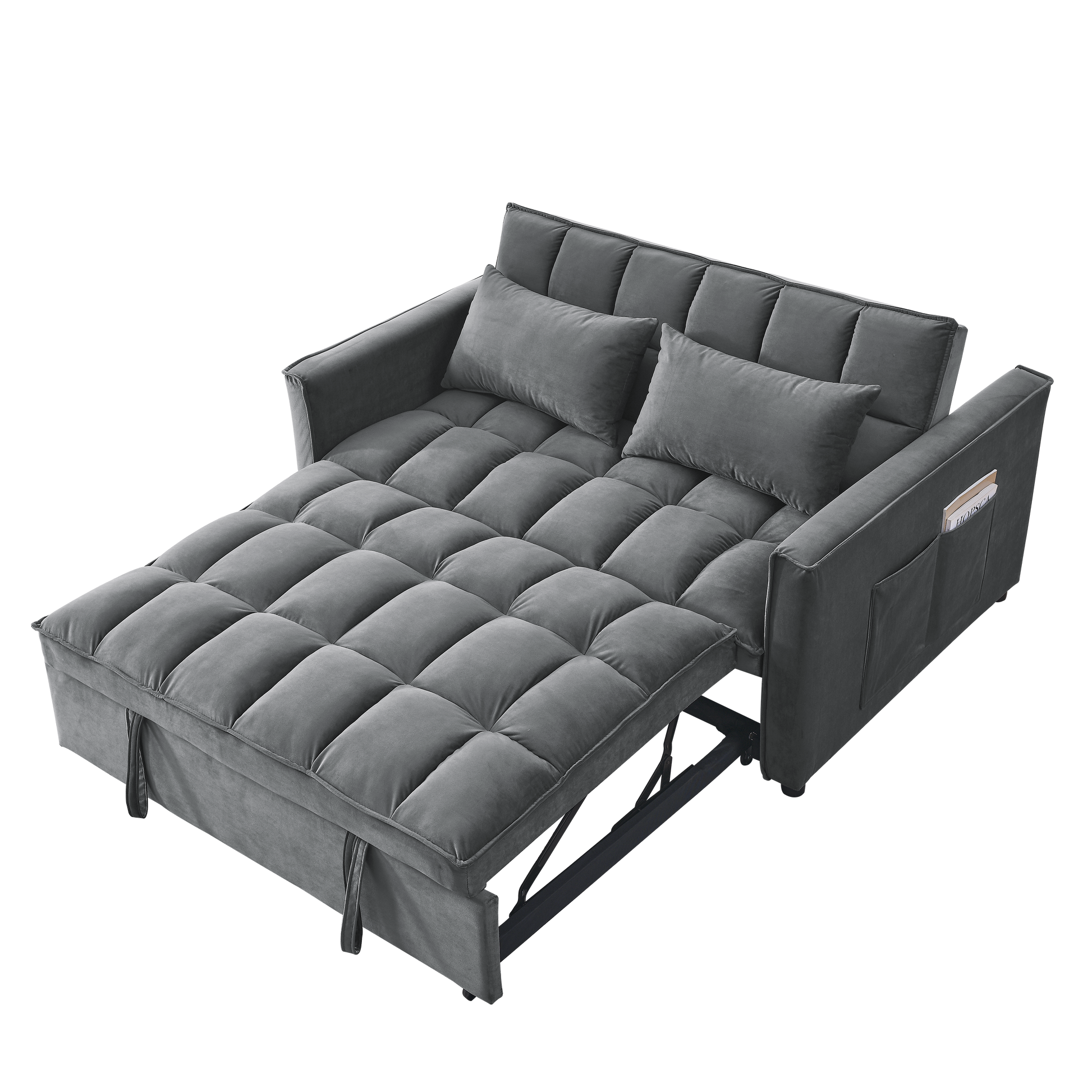 Sleeper Sofa, Convertible Sofa, Recliner, Bed, 3 In 1, 3 Position Adjustable Backrest, 2 Seater Sectional, Two Side Pockets, 2 Pillows For Living Room, Apartment, Etc., Velvet Beige 54" Wide. Grey Foam Velvet