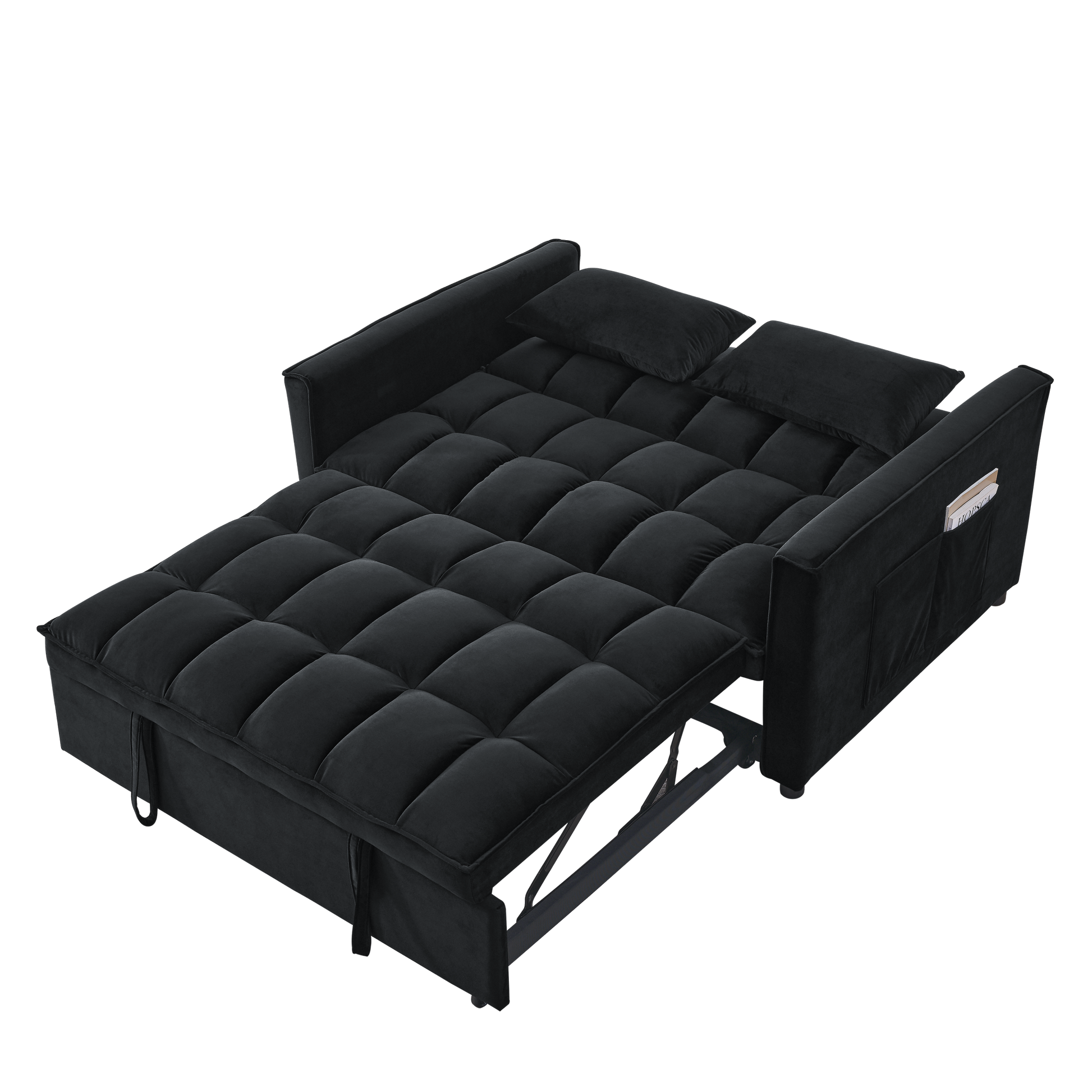 Sleeper Sofa, Convertible Sofa, Recliner, Bed, 3 In 1, 3 Position Adjustable Backrest, 2 Seater Sectional, Two Side Pockets, 2 Pillows For Living Room, Apartment, Etc., Velvet Black 54" Wide. Black Foam Velvet