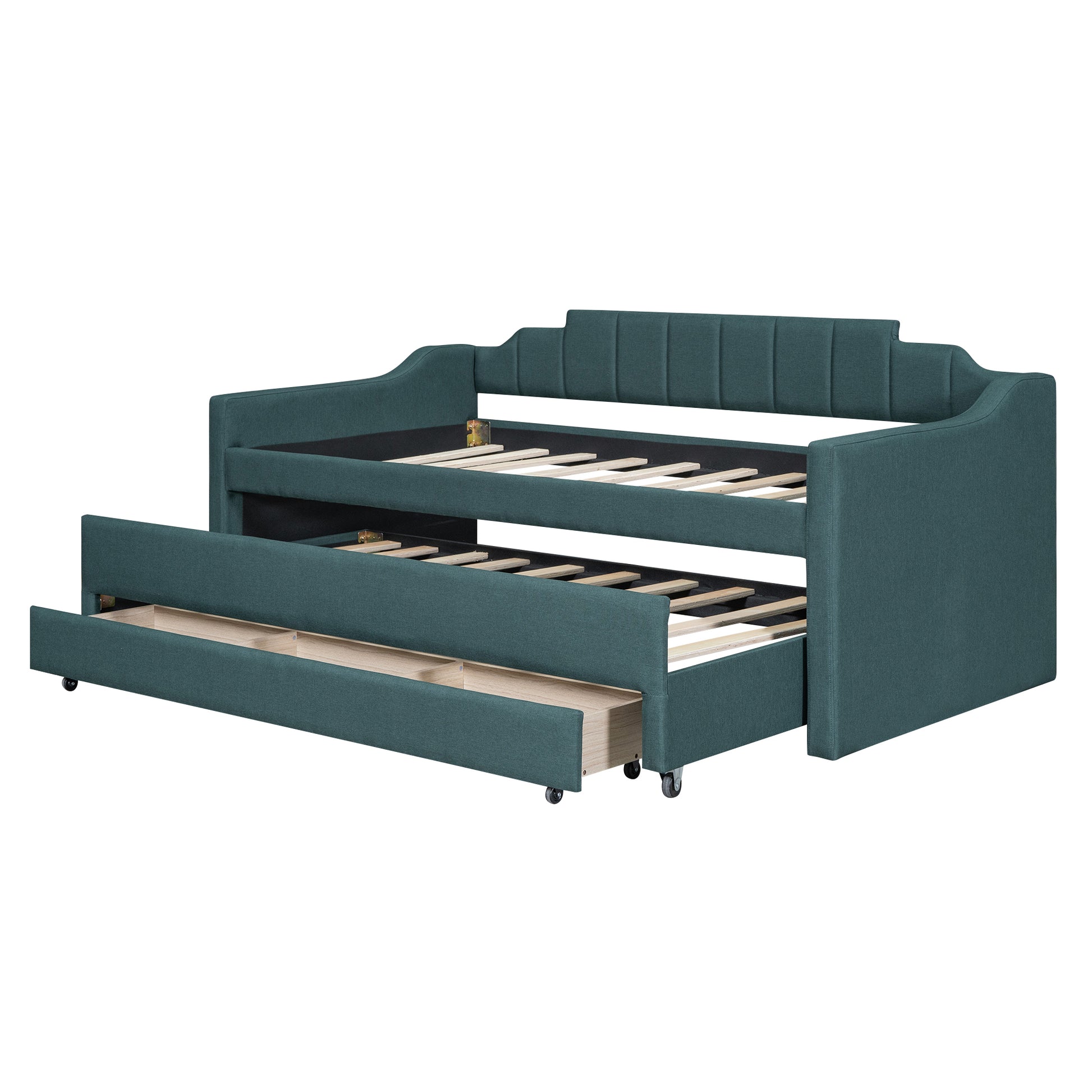 Twin Size Upholstered Daybed With Trundle And Three Drawers,Green Twin Green Linen