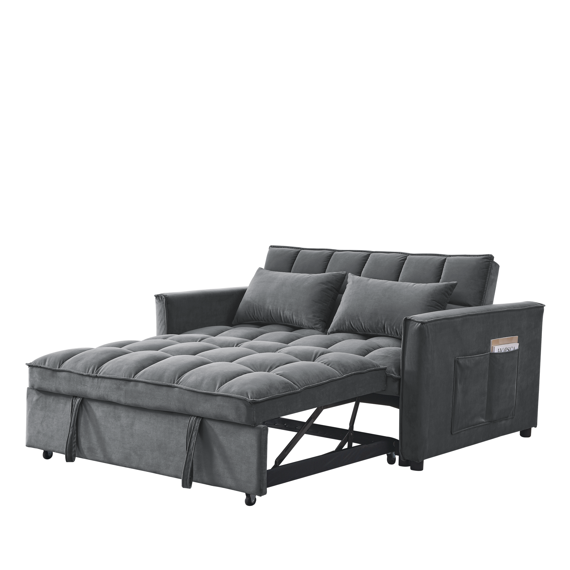 Sleeper Sofa, Convertible Sofa, Recliner, Bed, 3 In 1, 3 Position Adjustable Backrest, 2 Seater Sectional, Two Side Pockets, 2 Pillows For Living Room, Apartment, Etc., Velvet Beige 54" Wide. Grey Foam Velvet
