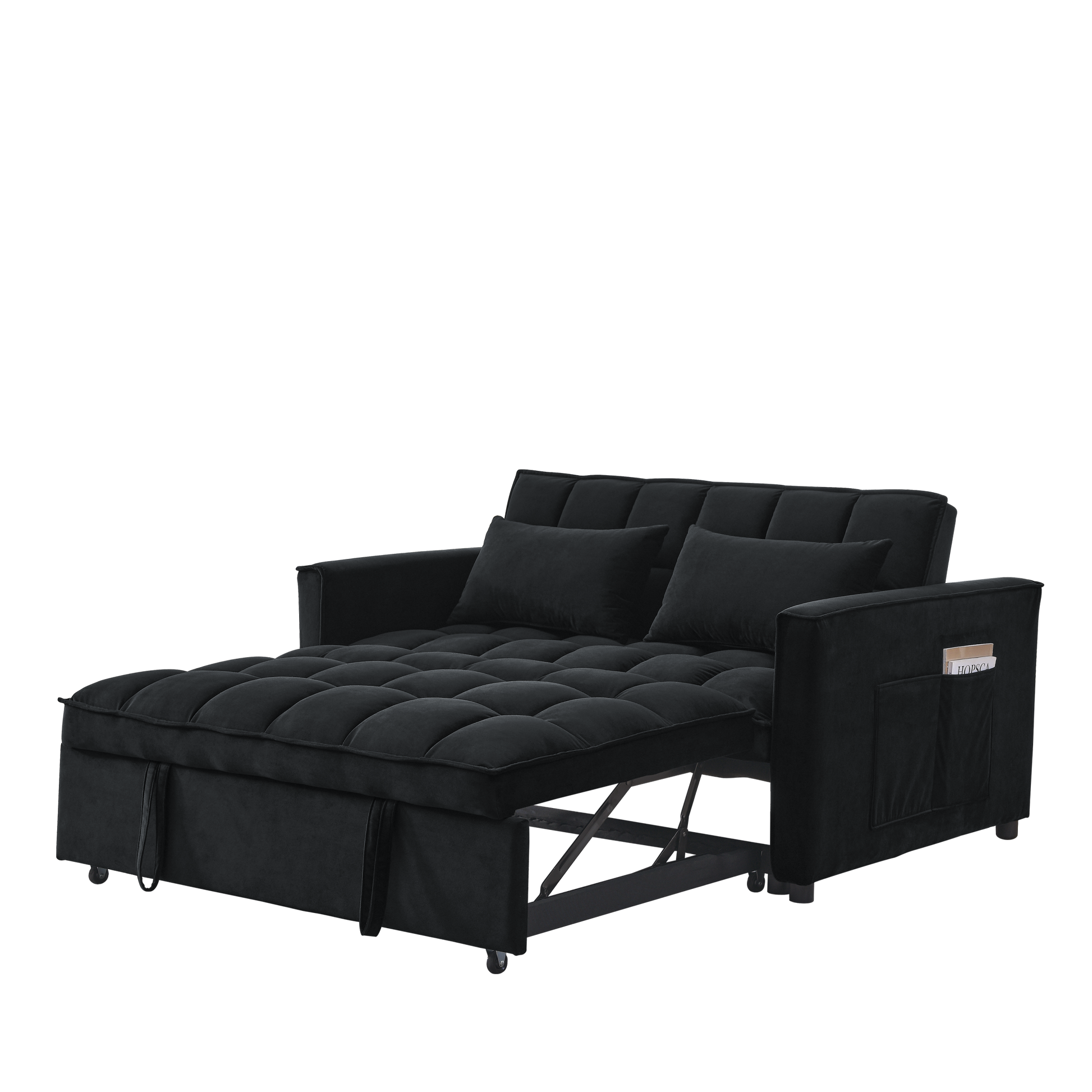 Sleeper Sofa, Convertible Sofa, Recliner, Bed, 3 In 1, 3 Position Adjustable Backrest, 2 Seater Sectional, Two Side Pockets, 2 Pillows For Living Room, Apartment, Etc., Velvet Black 54" Wide. Black Foam Velvet