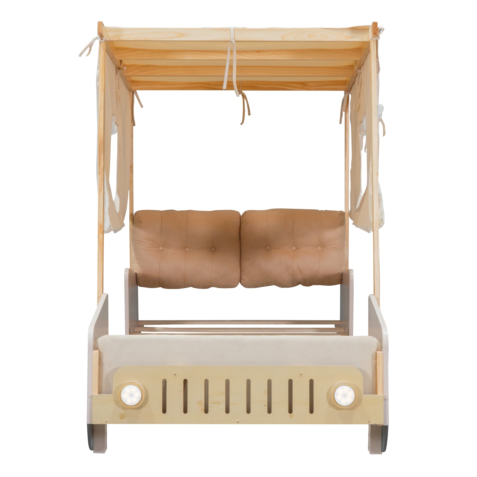 Wood Twin Size Car Bed With Pillow, Ceiling Cloth And Led, Natural Box Spring Not Required Twin Natural Wood Bedroom Solid Wood Mdf