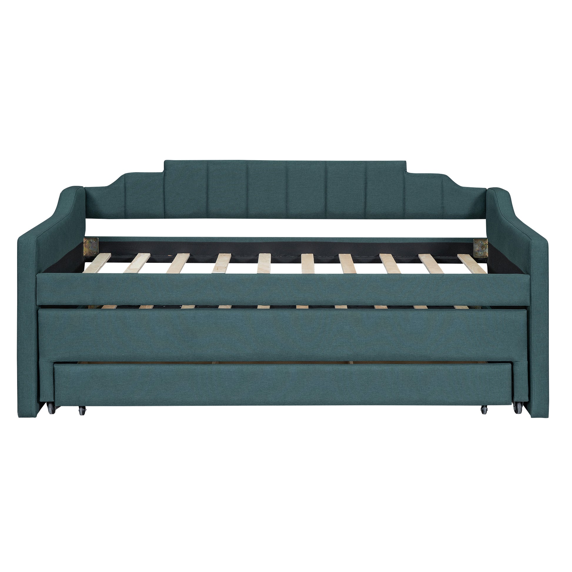 Twin Size Upholstered Daybed With Trundle And Three Drawers,Green Twin Green Linen