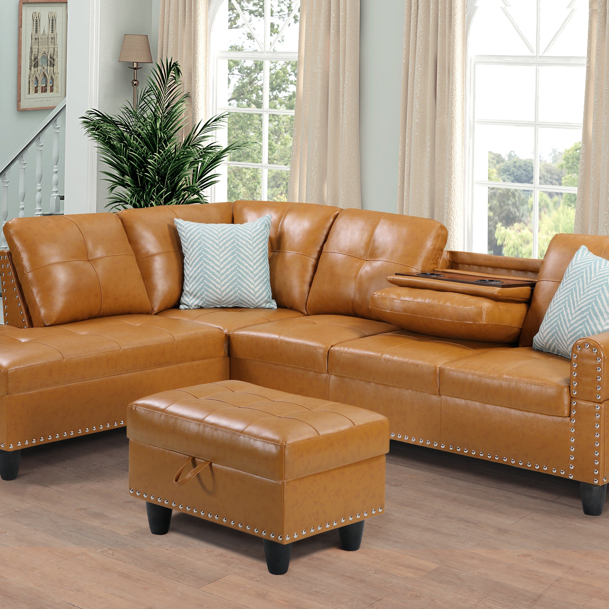 Irine Faux Leather Sectional Sofa With Ottoman Ginger Foam Faux Leather