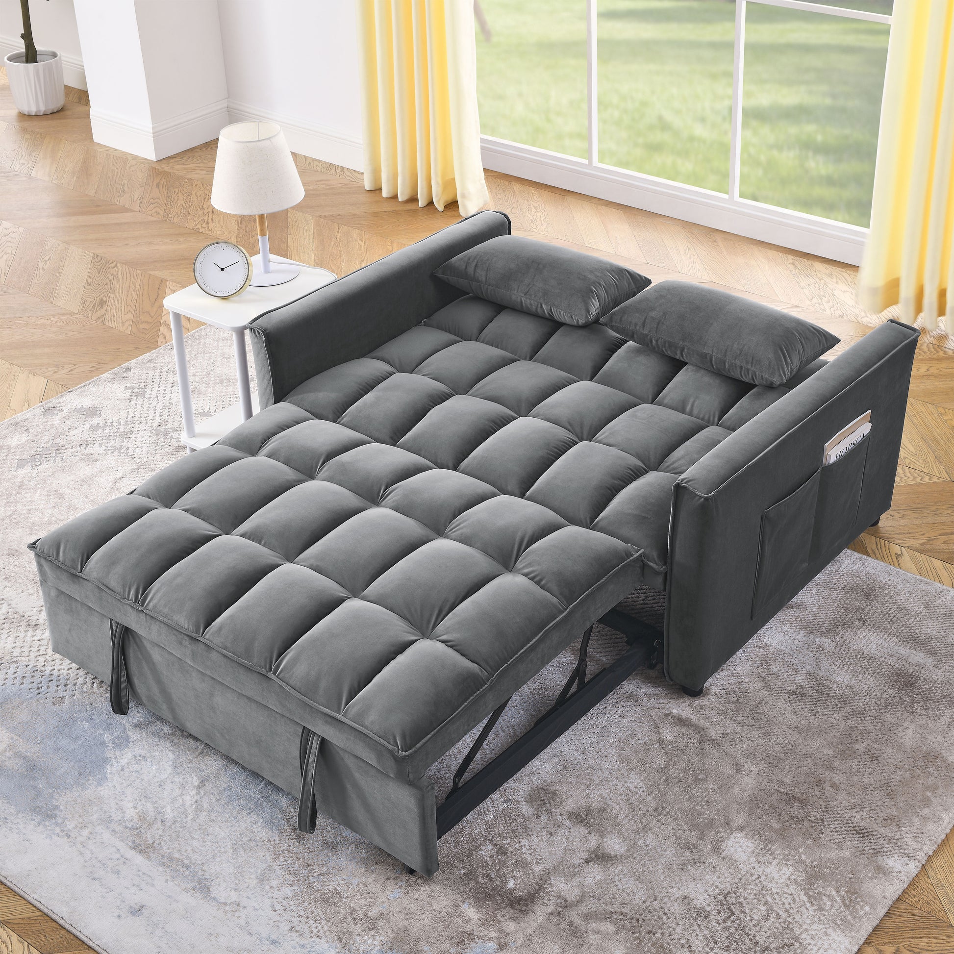 Sleeper Sofa, Convertible Sofa, Recliner, Bed, 3 In 1, 3 Position Adjustable Backrest, 2 Seater Sectional, Two Side Pockets, 2 Pillows For Living Room, Apartment, Etc., Velvet Beige 54" Wide. Grey Foam Velvet