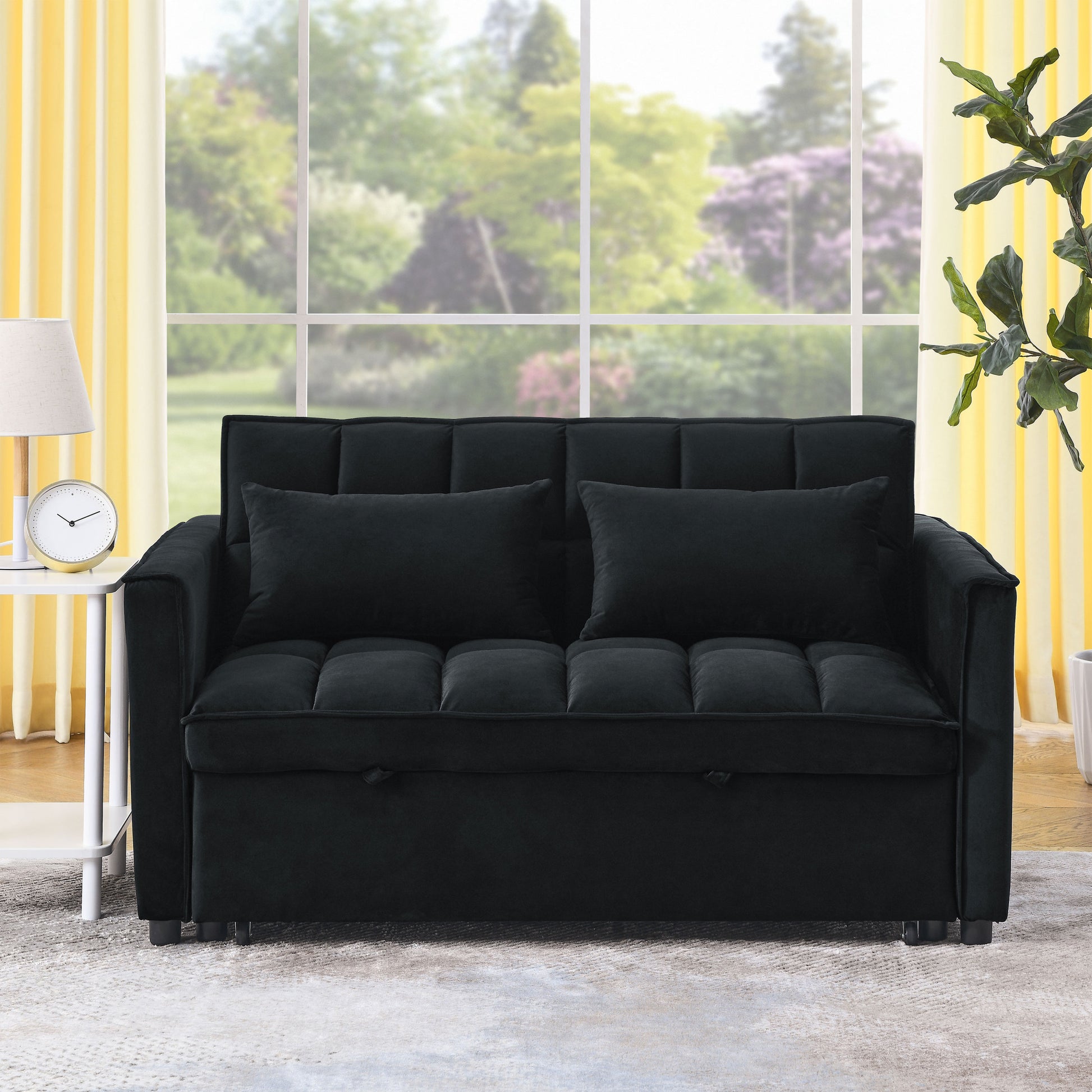 Sleeper Sofa, Convertible Sofa, Recliner, Bed, 3 In 1, 3 Position Adjustable Backrest, 2 Seater Sectional, Two Side Pockets, 2 Pillows For Living Room, Apartment, Etc., Velvet Black 54" Wide. Black Foam Velvet