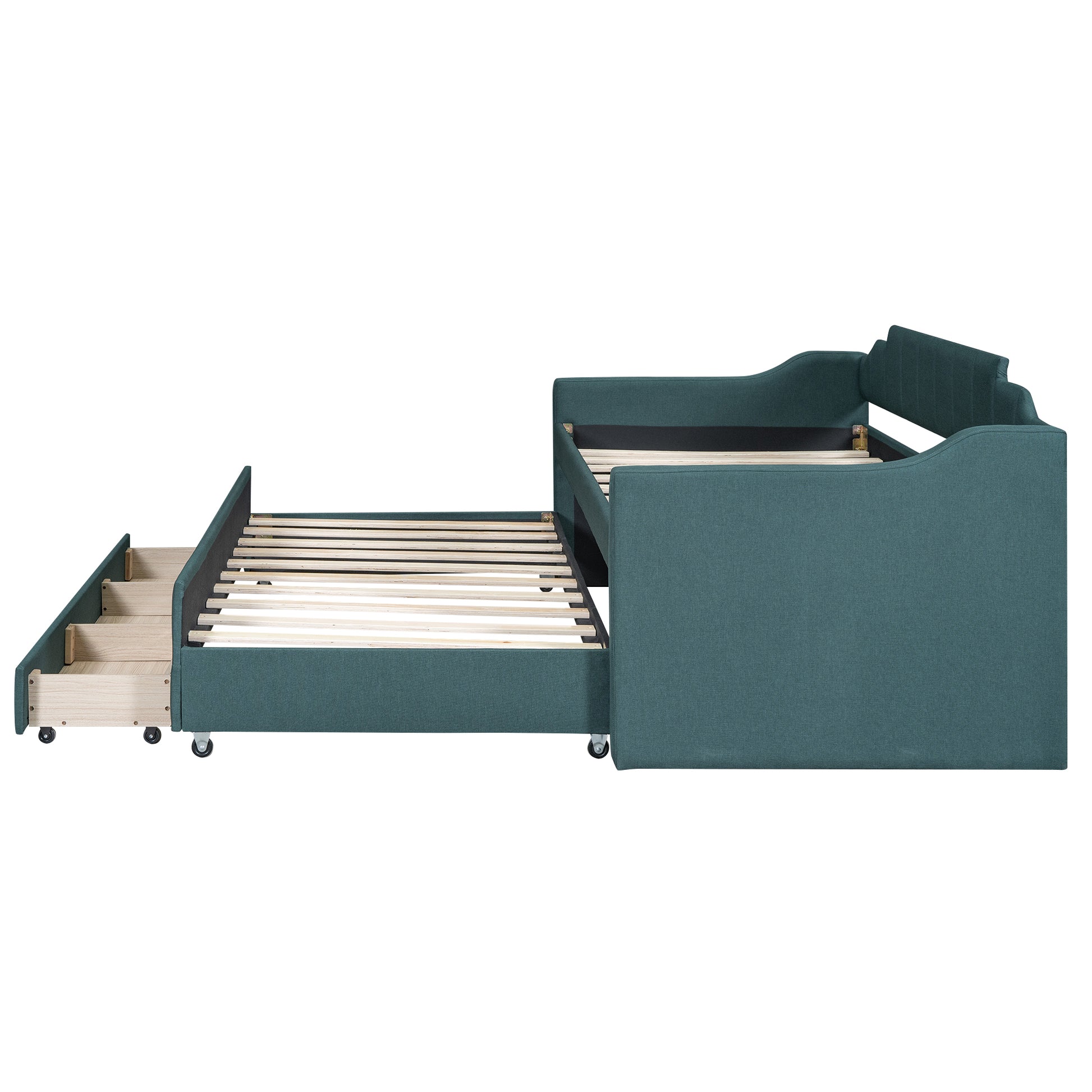 Twin Size Upholstered Daybed With Trundle And Three Drawers,Green Twin Green Linen