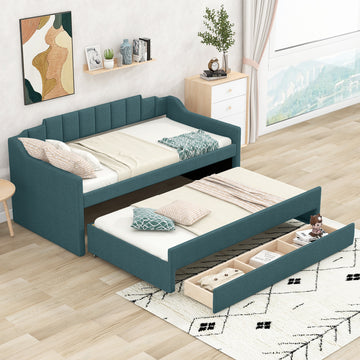 Twin Size Upholstered Daybed With Trundle And Three Drawers,Green Twin Green Linen